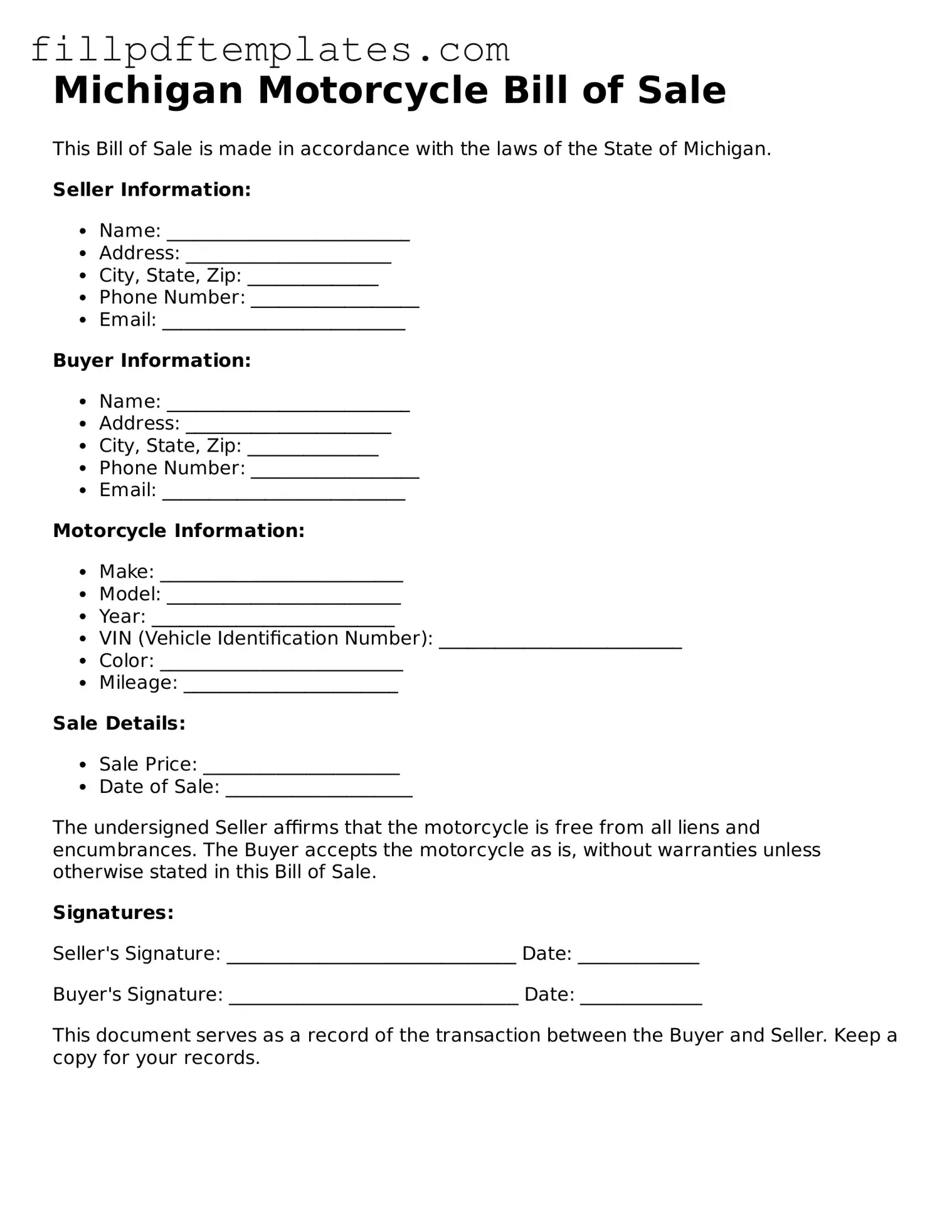 Blank Michigan Motorcycle Bill of Sale Form