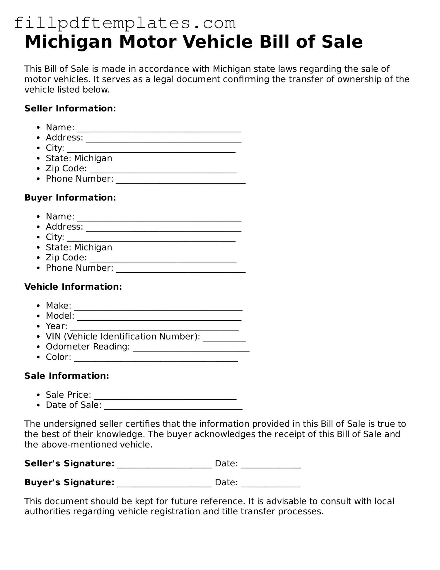 Blank Michigan Motor Vehicle Bill of Sale Form