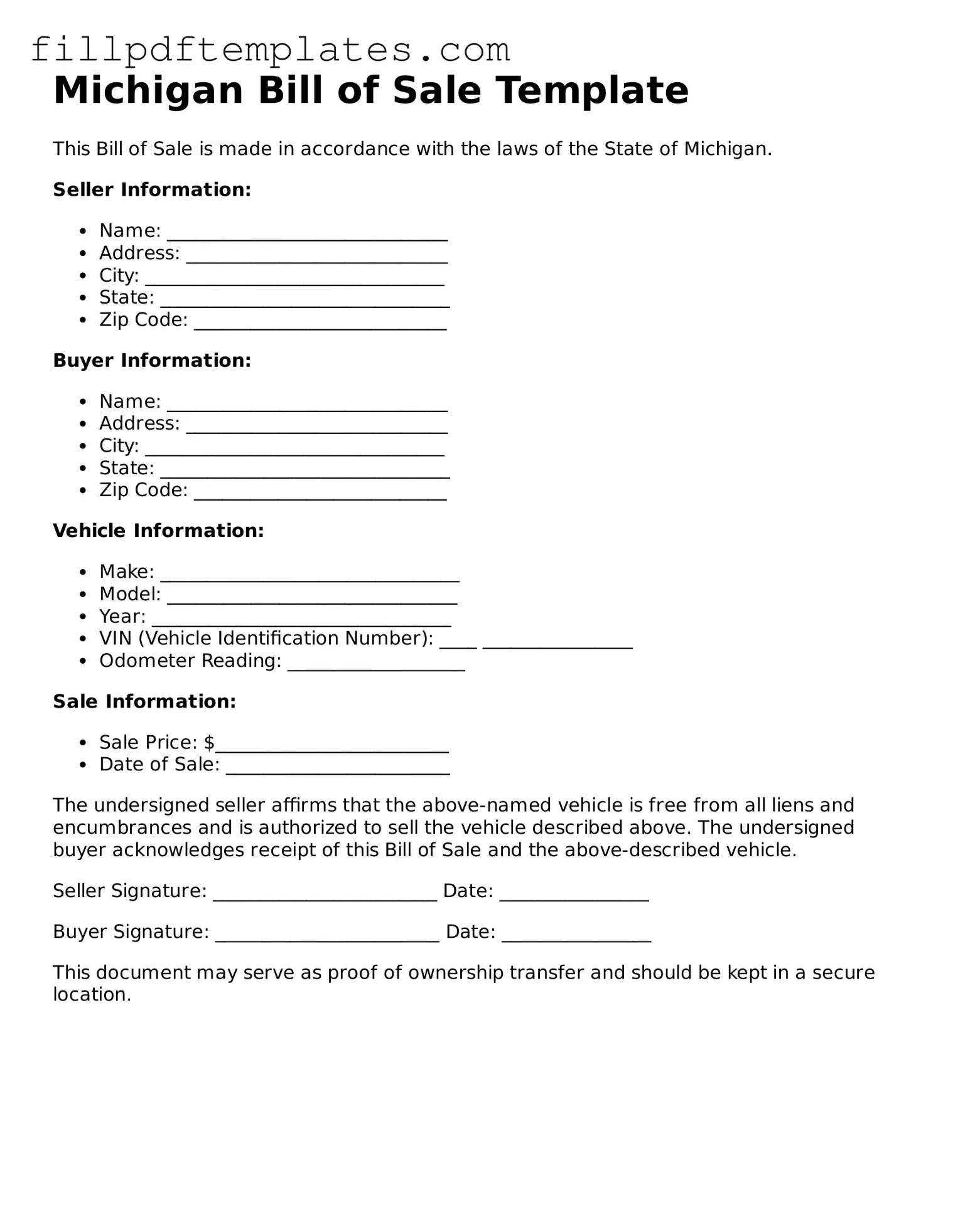 Blank Michigan Bill of Sale Form