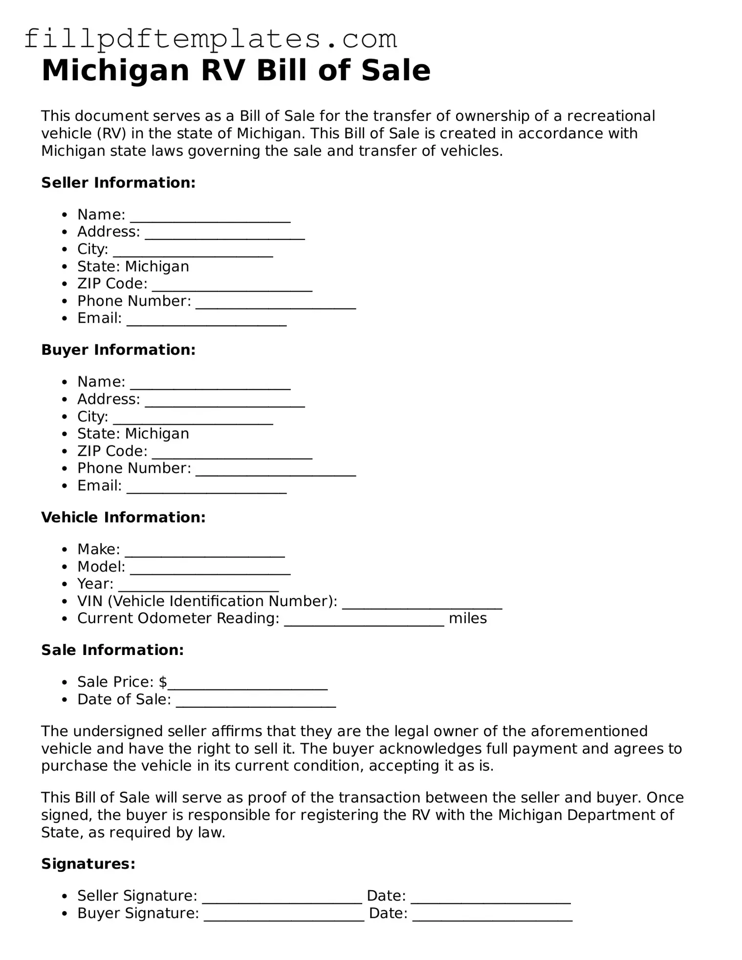 Blank Michigan RV Bill of Sale Form