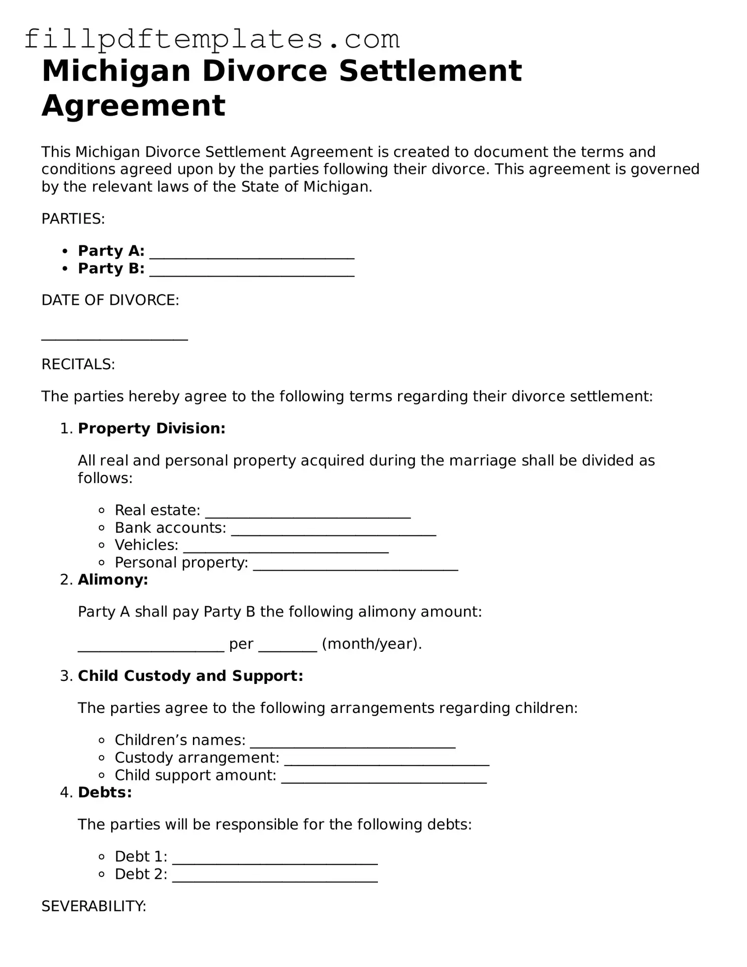 Blank Michigan Divorce Settlement Agreement Form