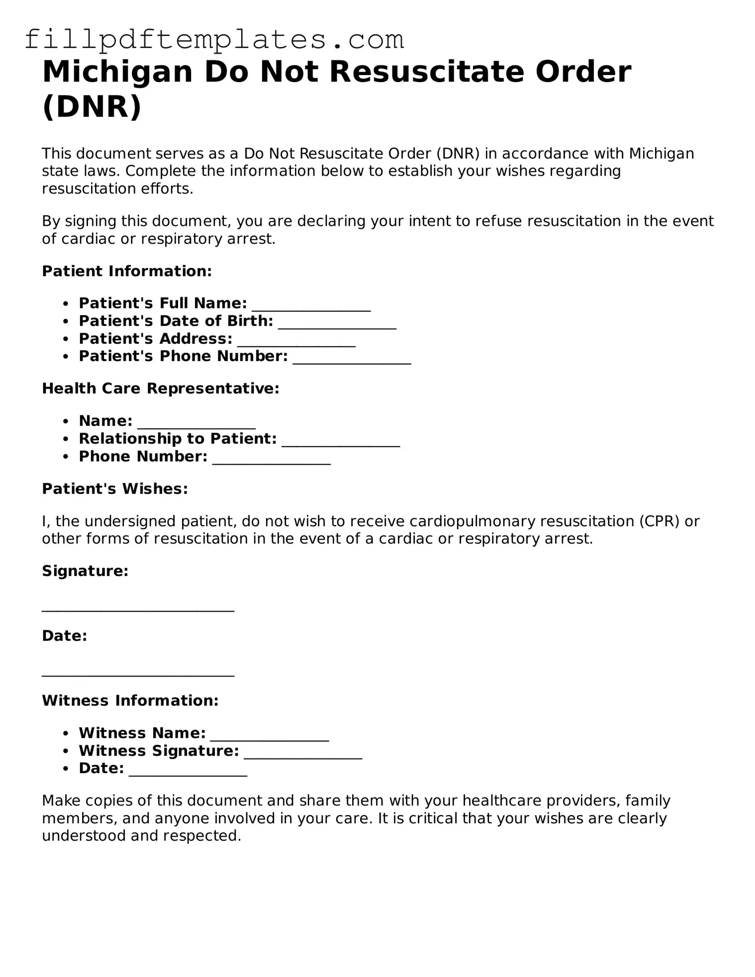 Blank Michigan Do Not Resuscitate Order Form