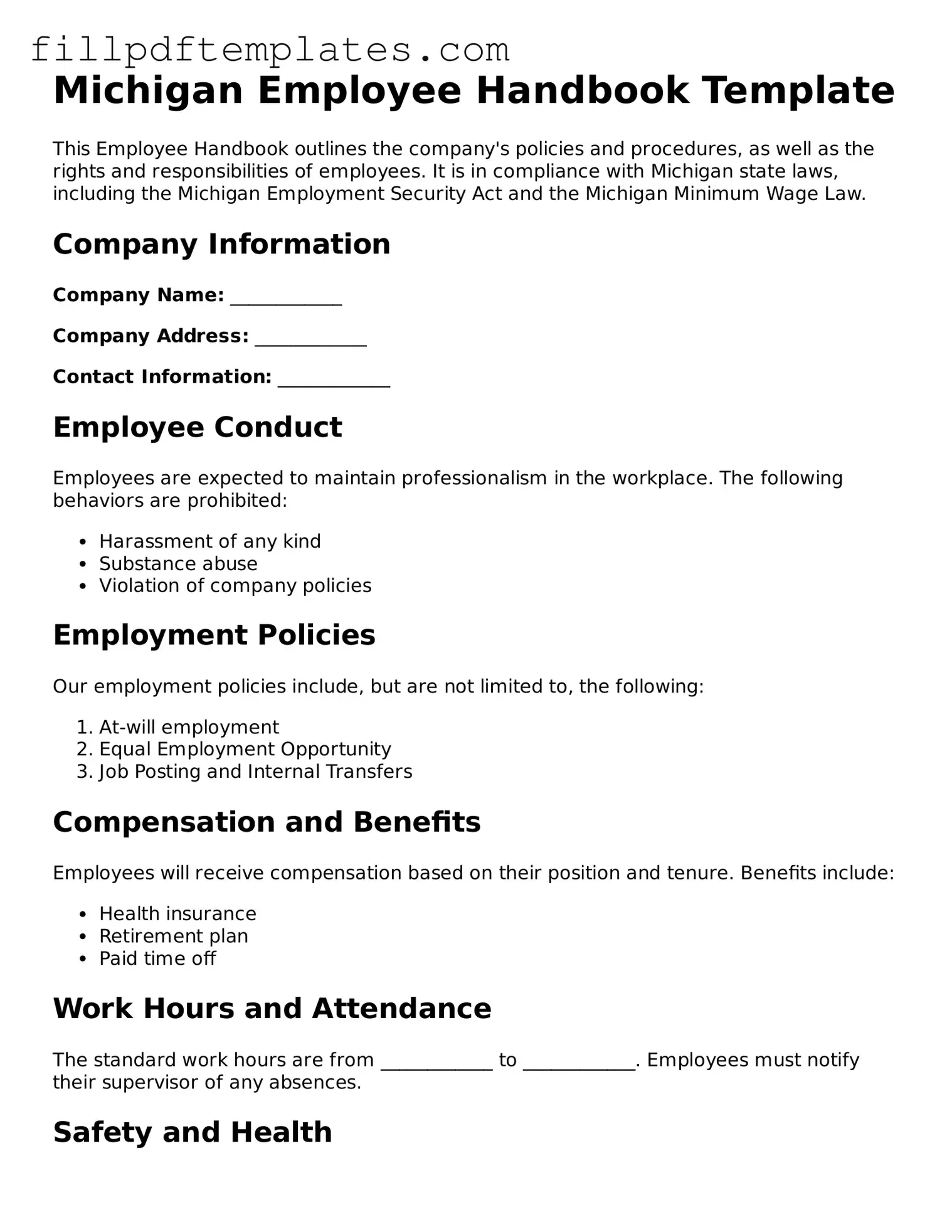 Blank Michigan Employee Handbook Form