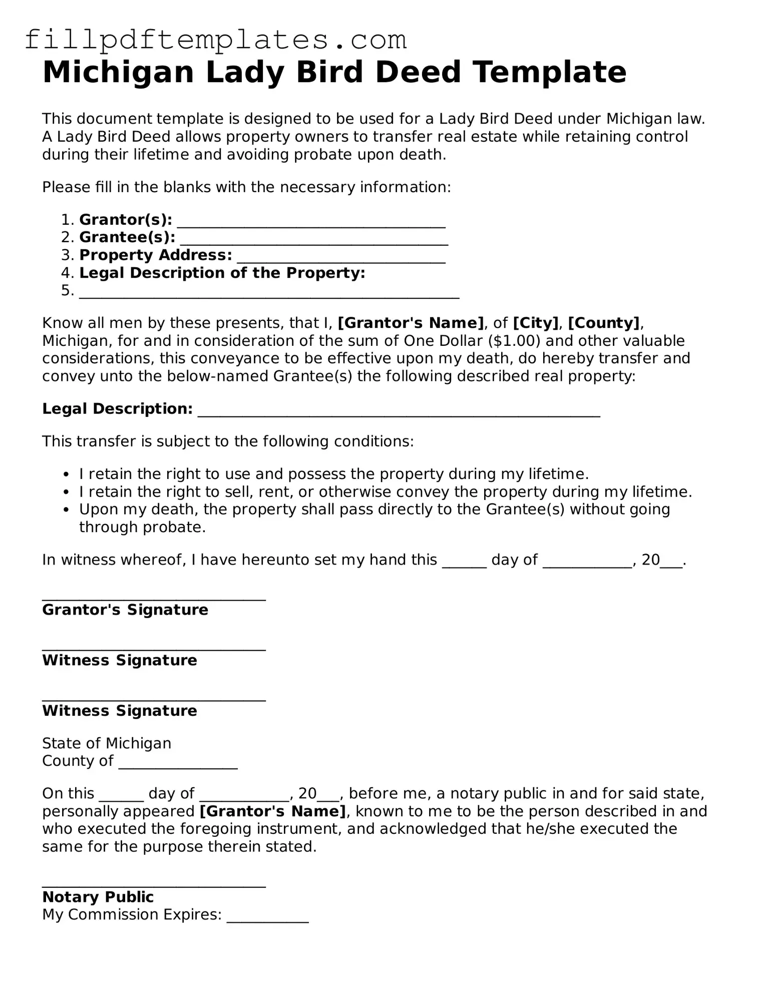Blank Michigan Lady Bird Deed Form