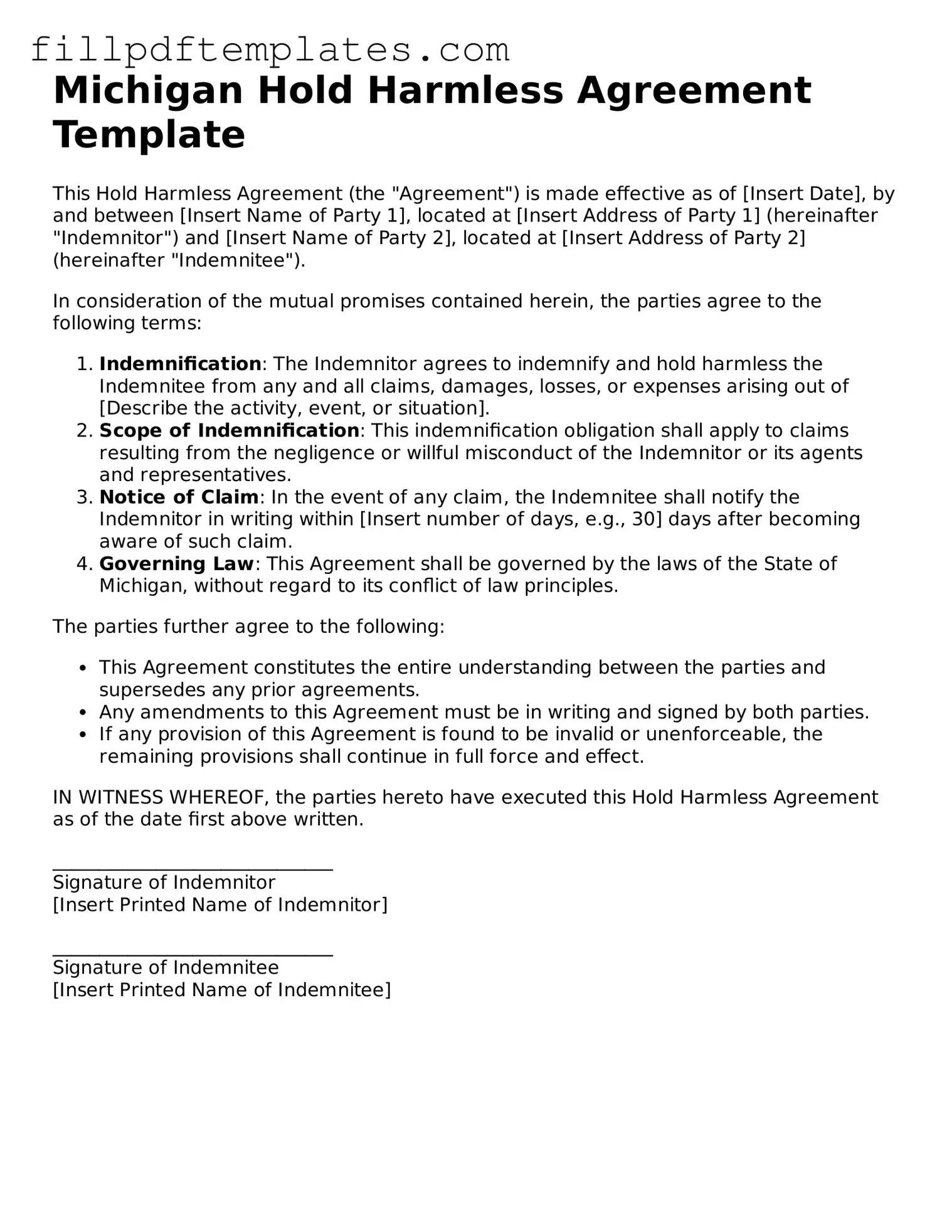 Blank Michigan Hold Harmless Agreement Form