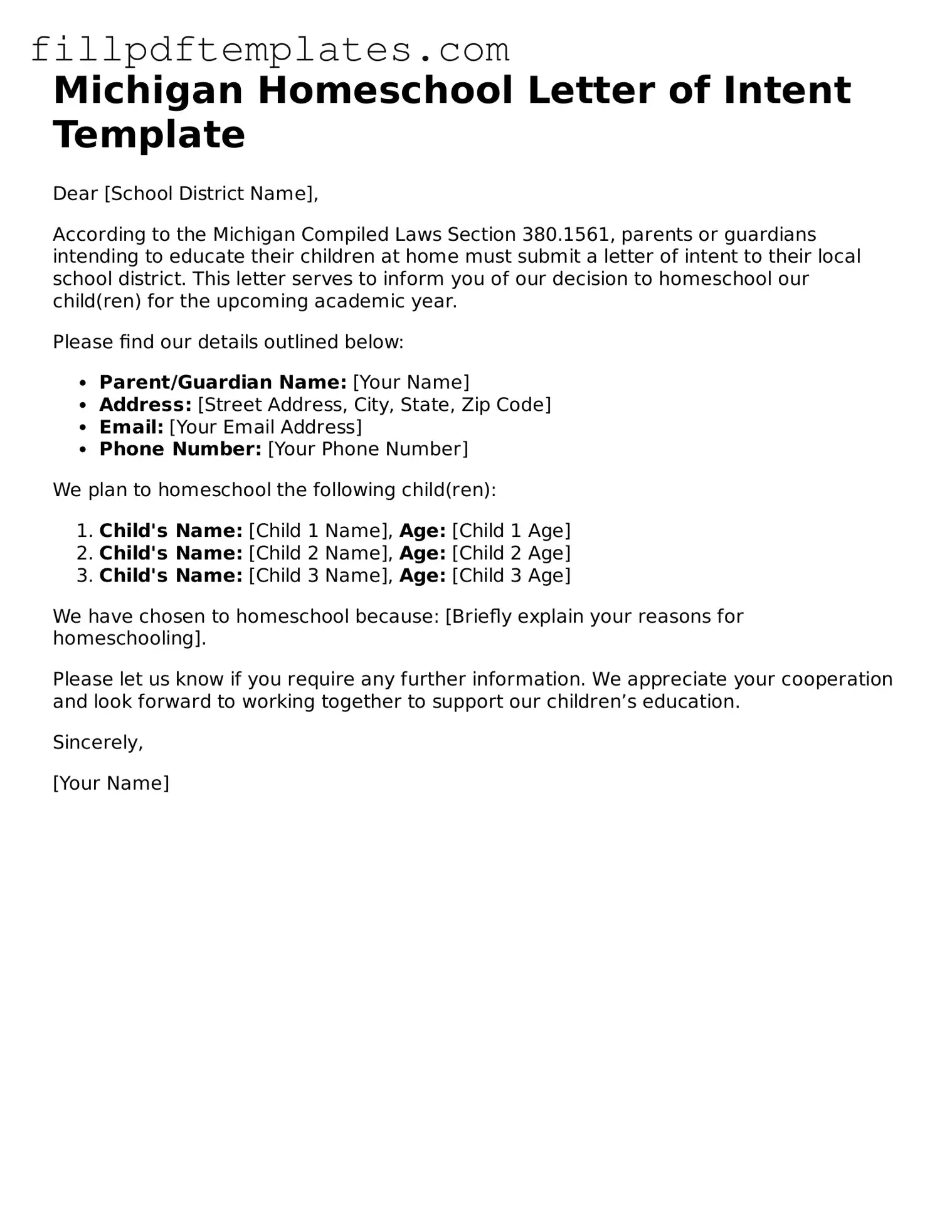 Blank Michigan Homeschool Letter of Intent Form