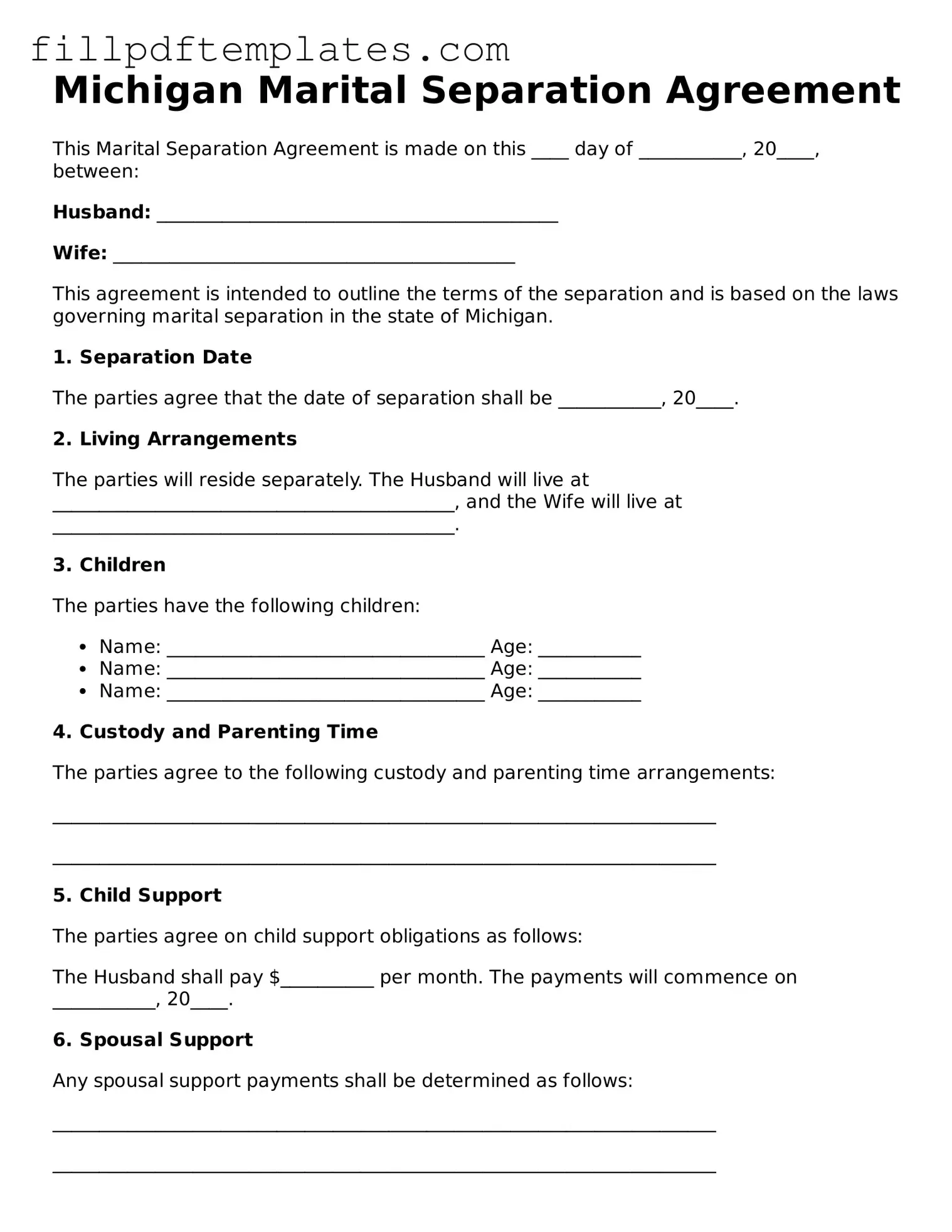 Blank Michigan Marital Separation Agreement Form