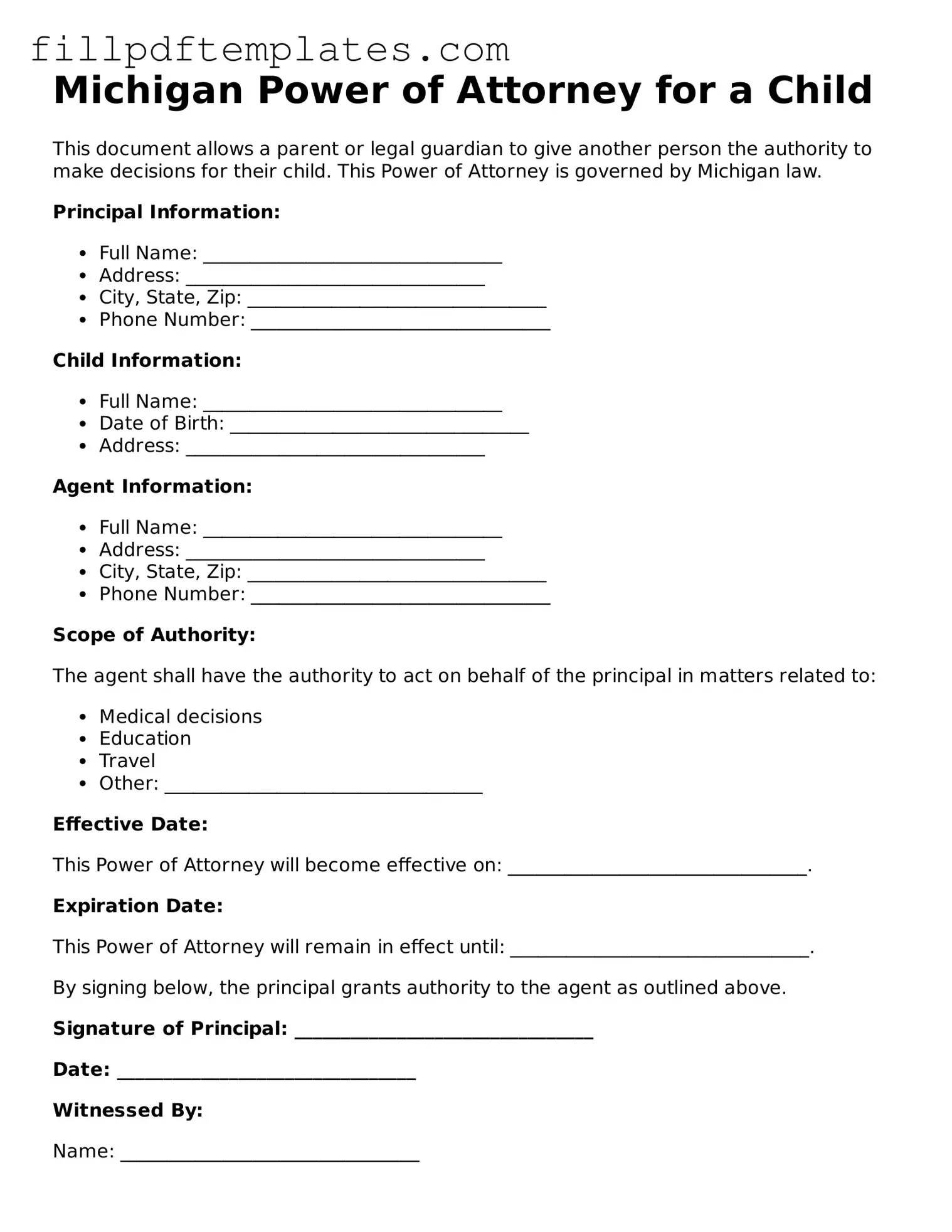Blank Michigan Power of Attorney for a Child Form