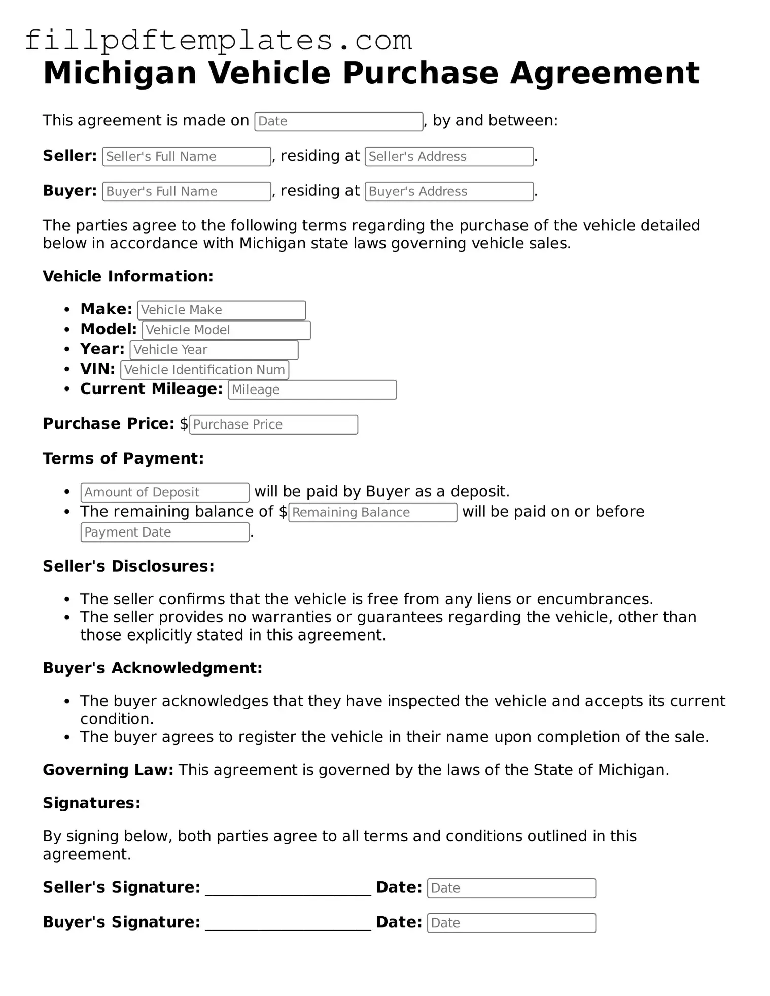 Blank Michigan Vehicle Purchase Agreement Form