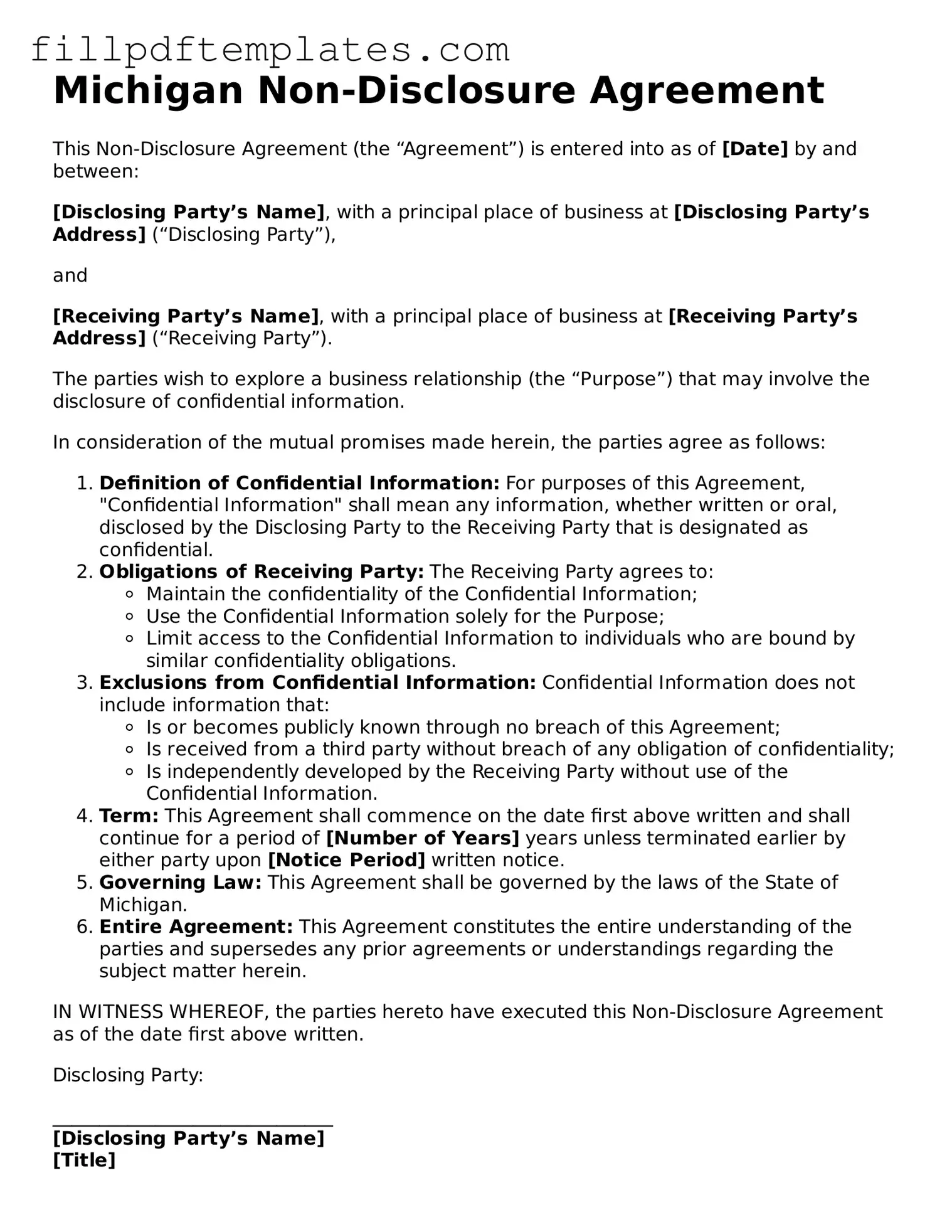 Blank Michigan Non-disclosure Agreement Form