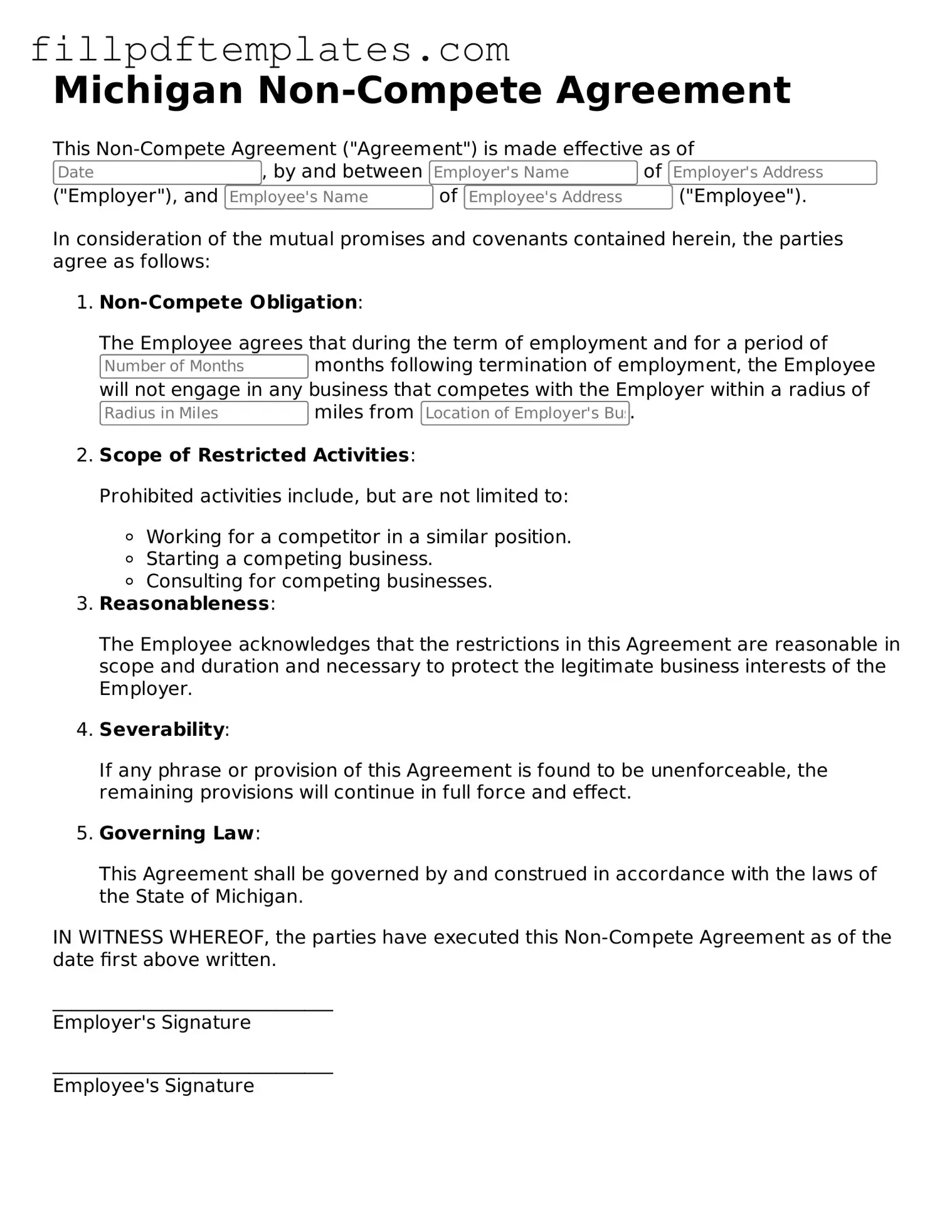Blank Michigan Non-compete Agreement Form