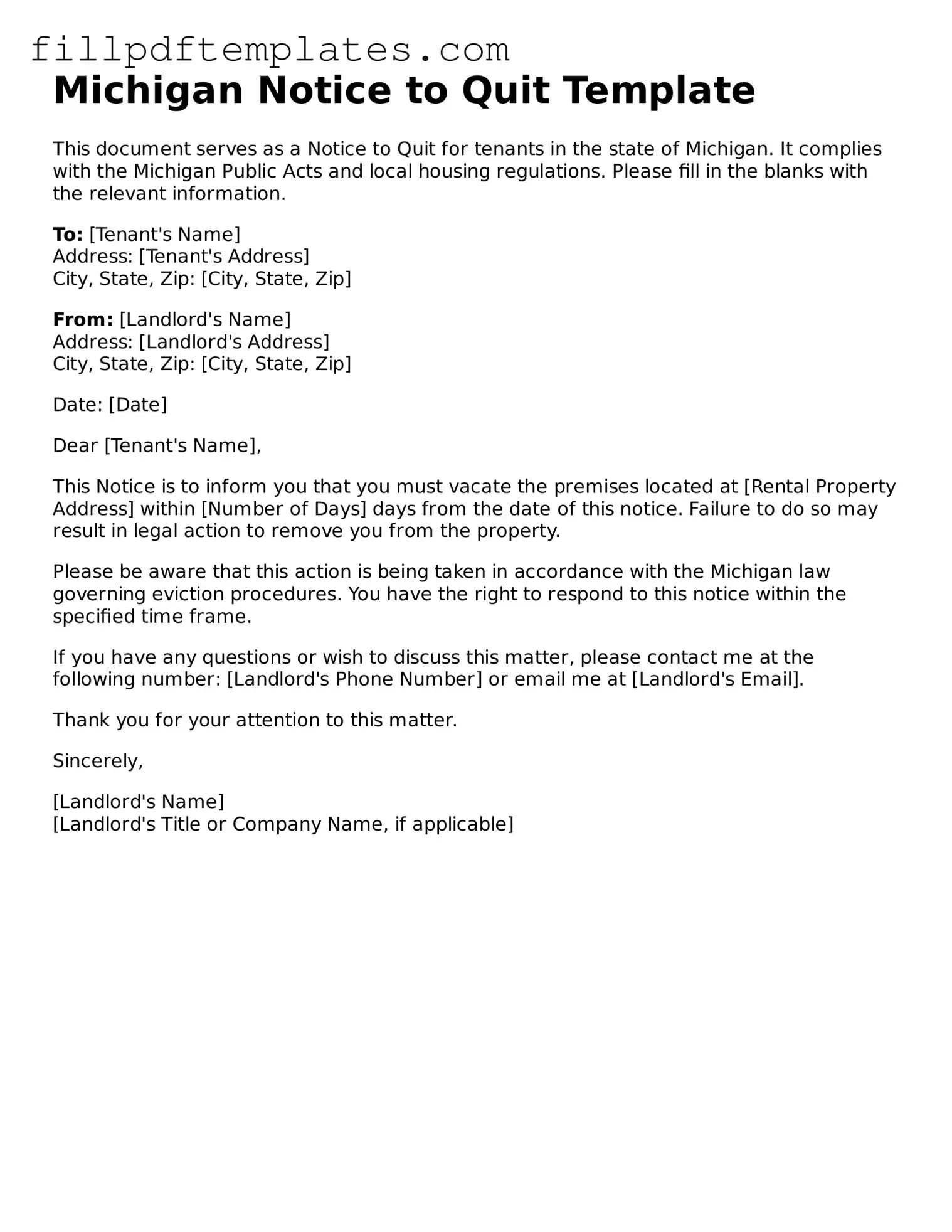 Blank Michigan Notice to Quit Form