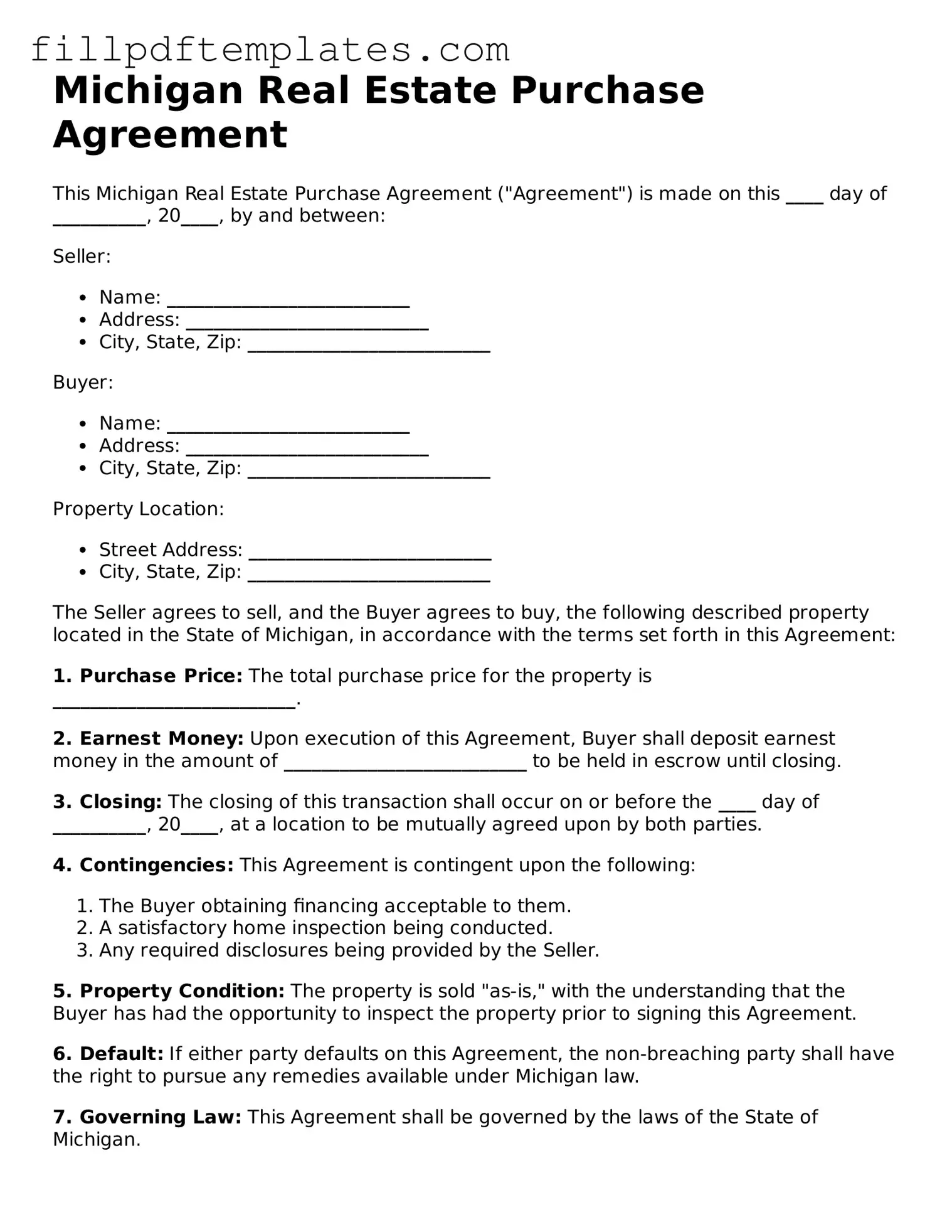 Blank Michigan Real Estate Purchase Agreement Form