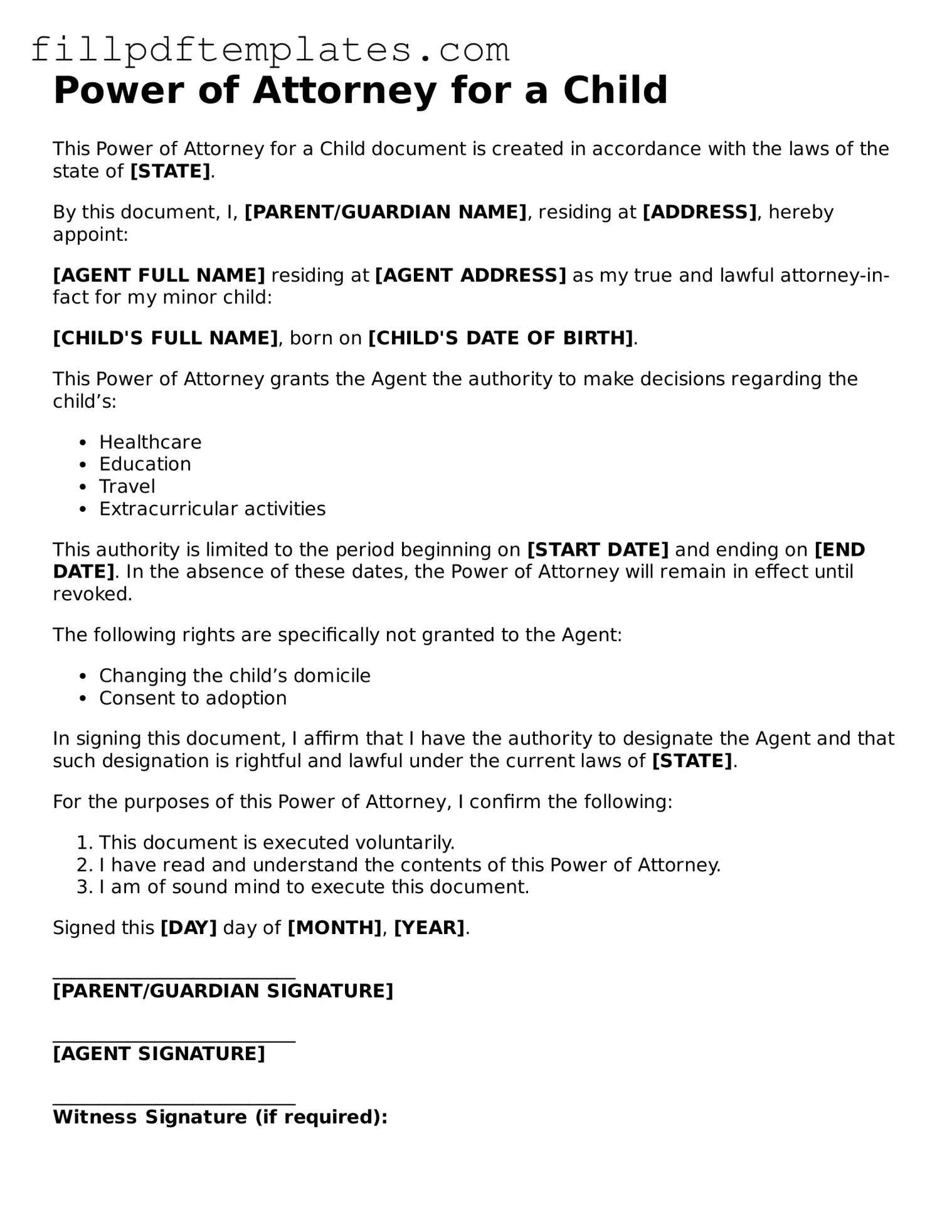 Valid Power of Attorney for a Child Form