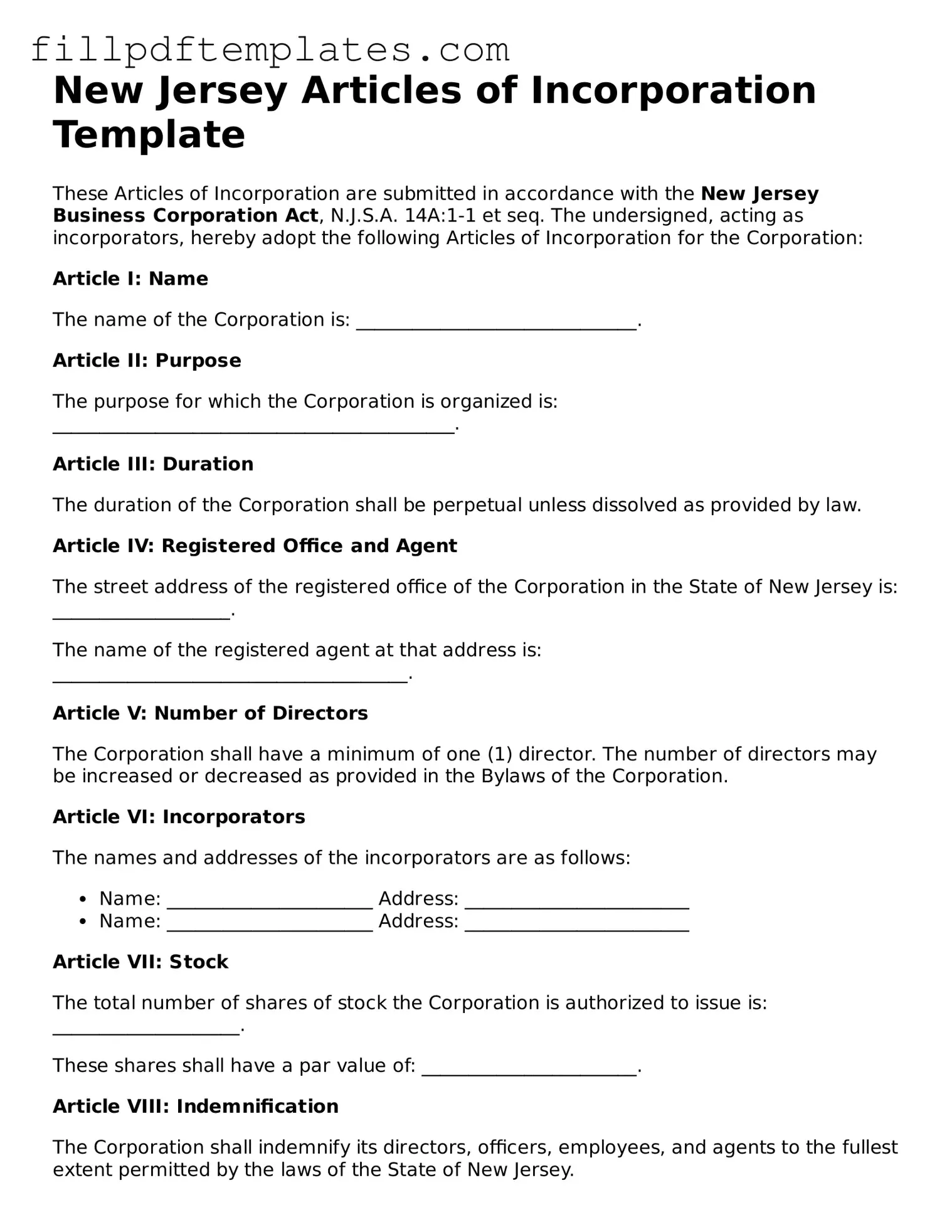 Blank New Jersey Articles of Incorporation Form
