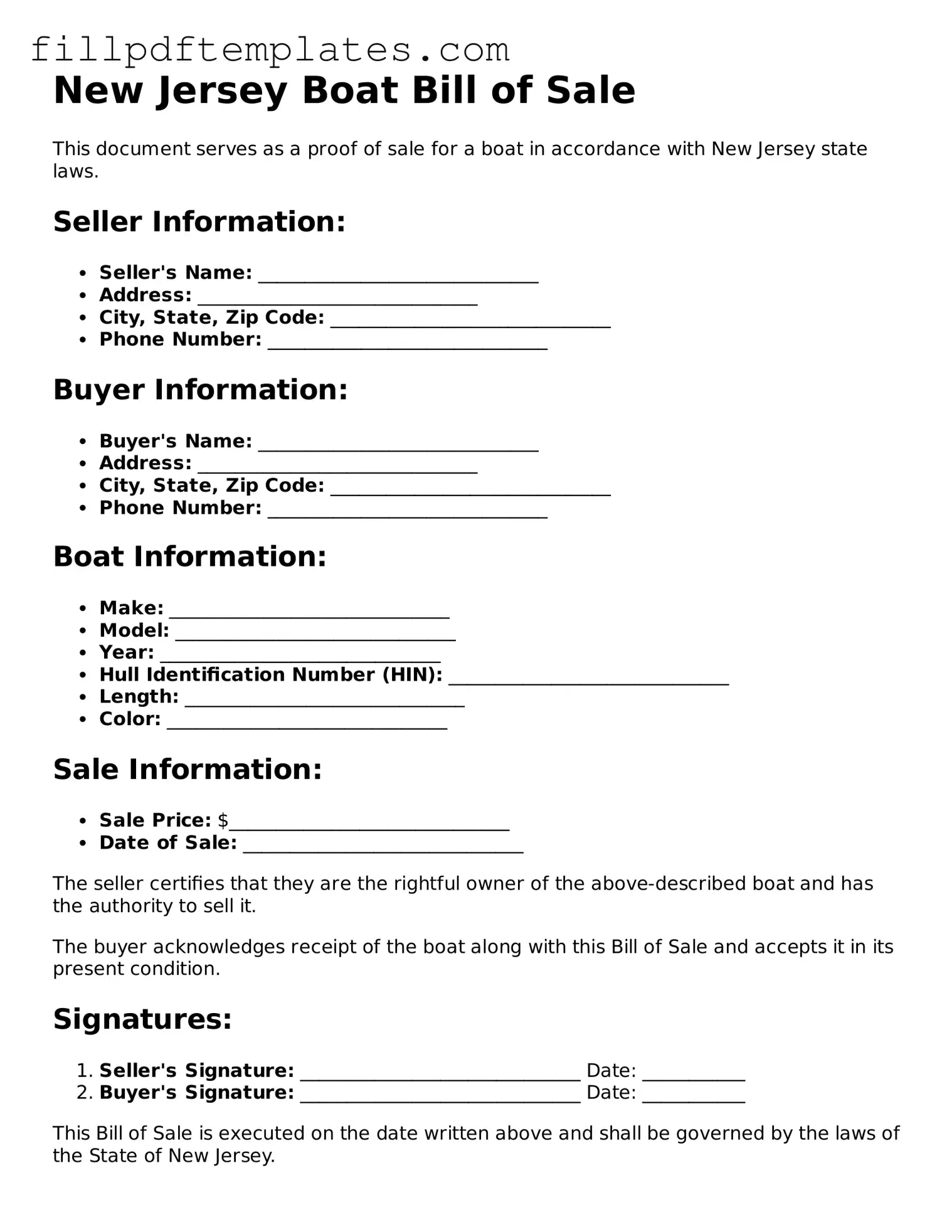Blank New Jersey Boat Bill of Sale Form