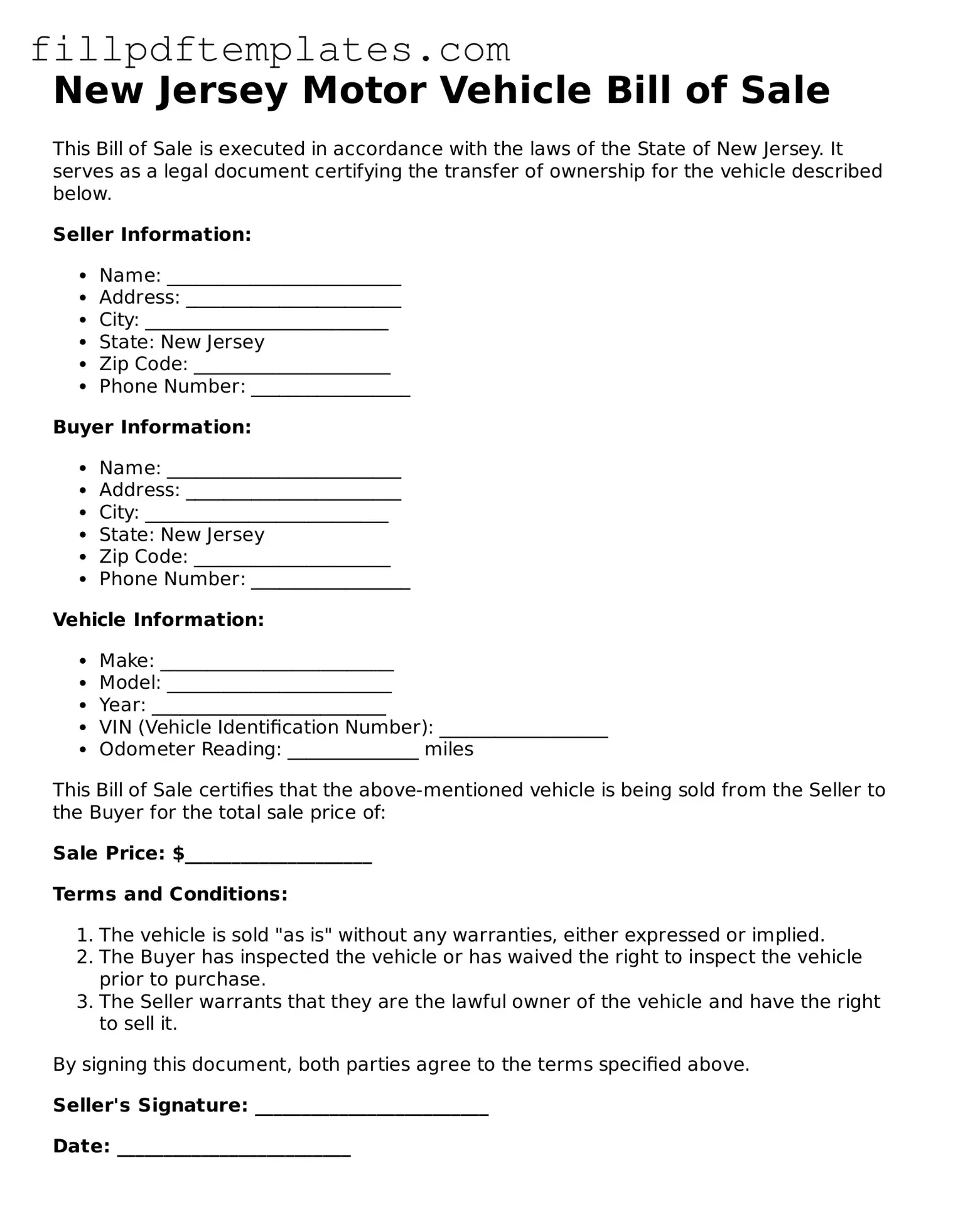Blank New Jersey Motor Vehicle Bill of Sale Form