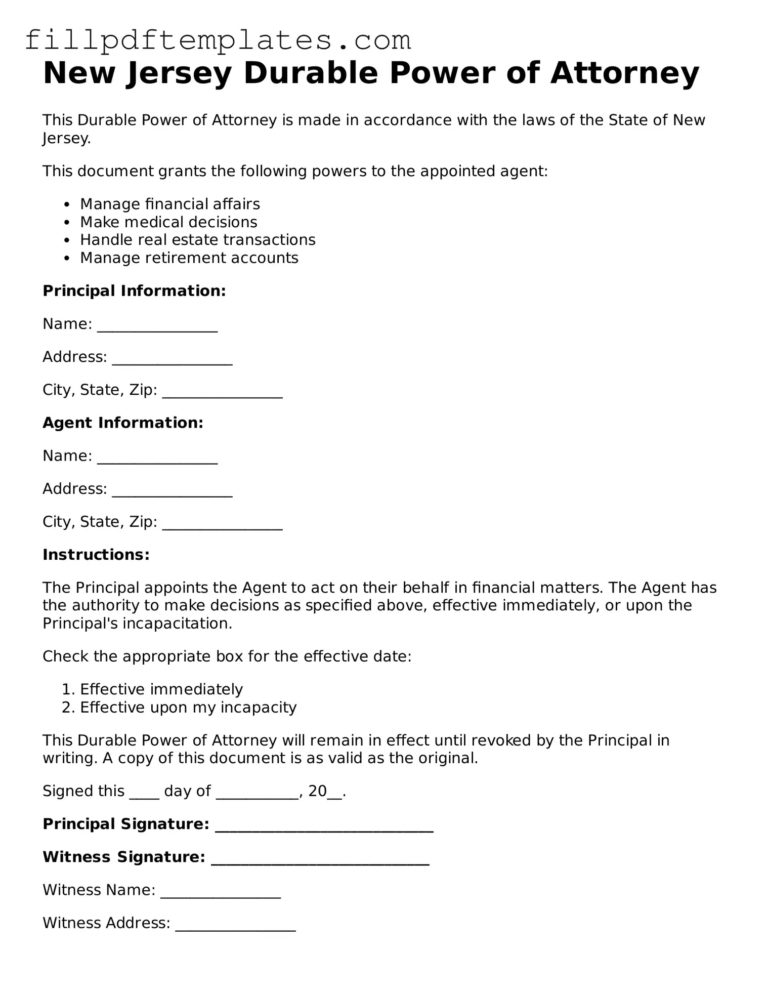 Blank New Jersey Durable Power of Attorney Form