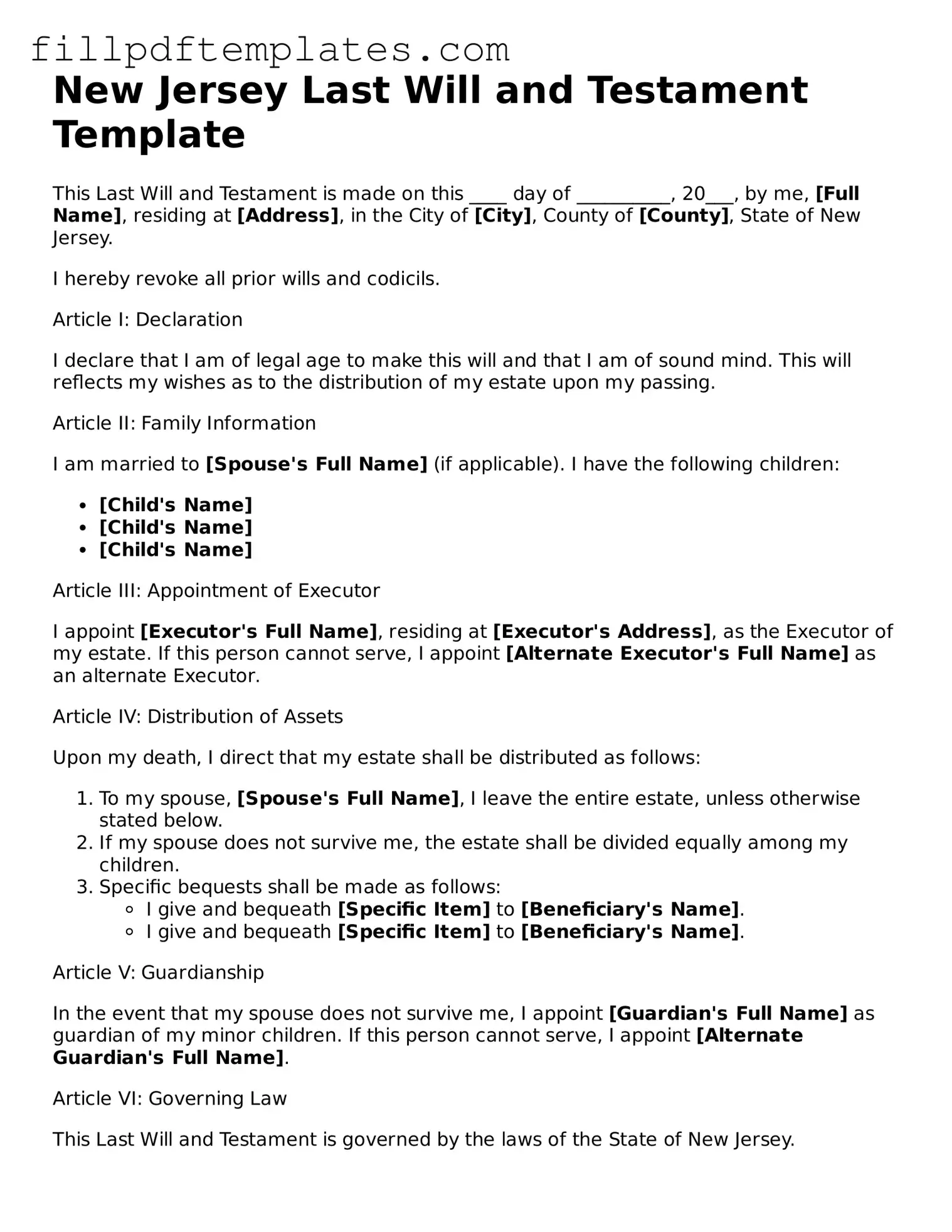Blank New Jersey Last Will and Testament Form