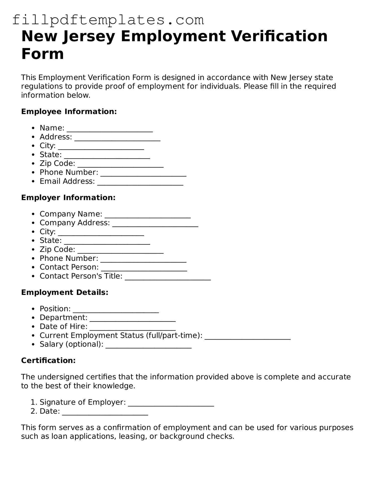 Blank New Jersey Employment Verification Form