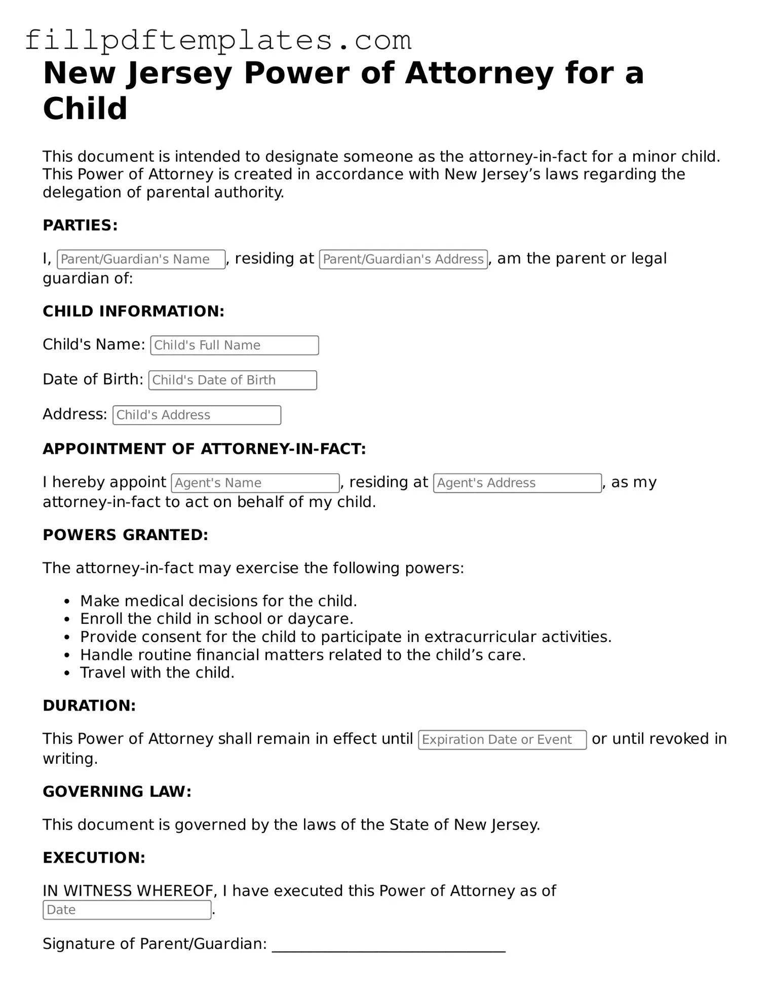 Blank New Jersey Power of Attorney for a Child Form