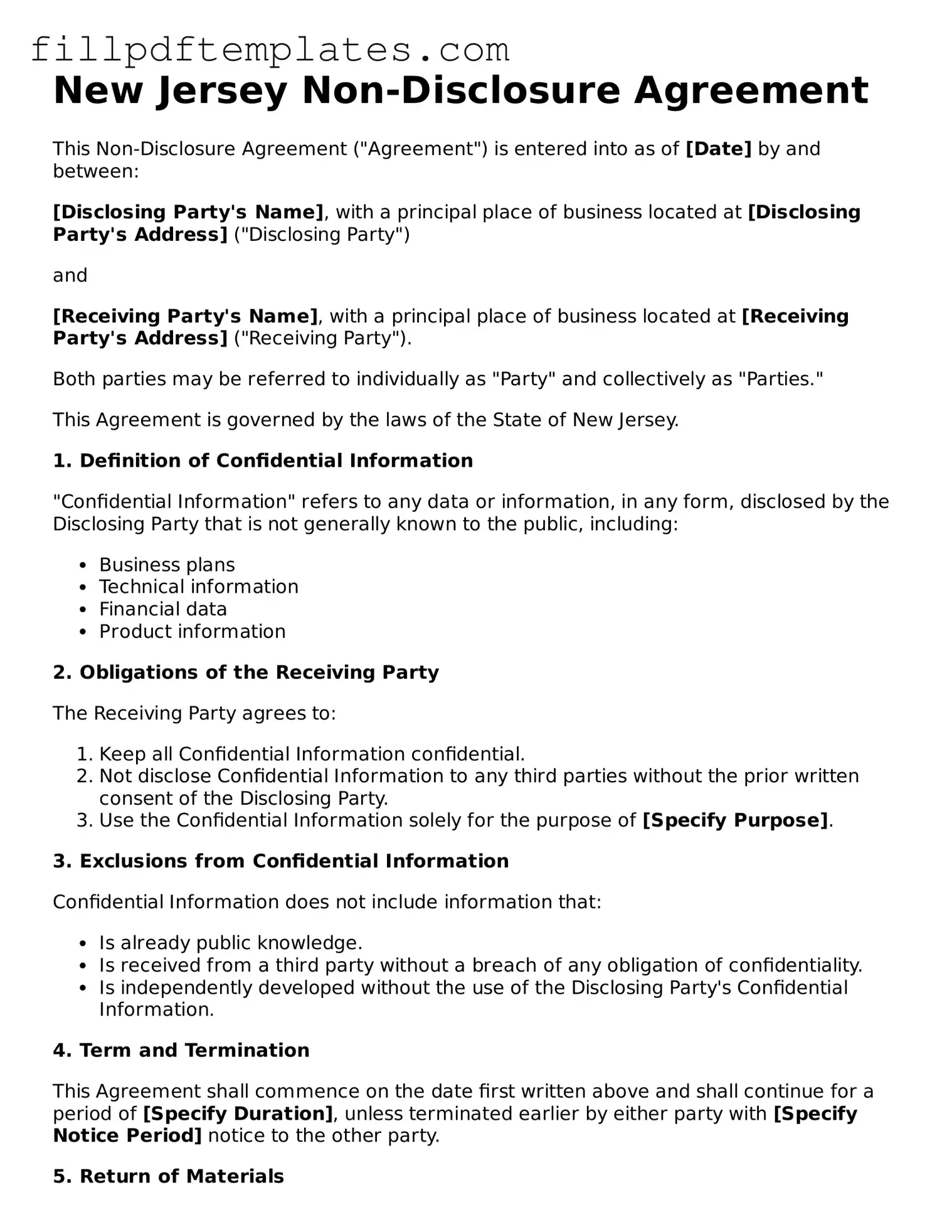 Blank New Jersey Non-disclosure Agreement Form