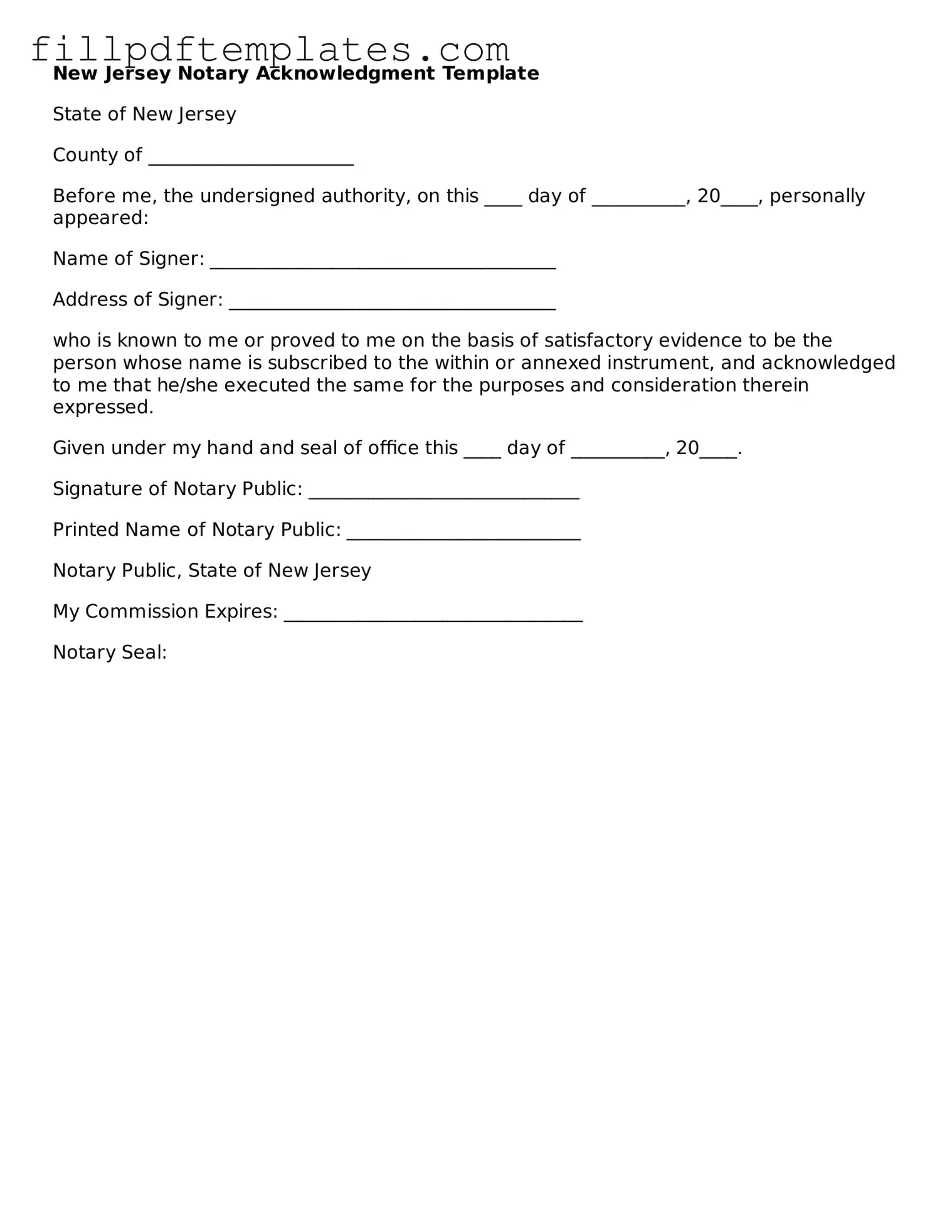 Blank New Jersey Notary Acknowledgement Form