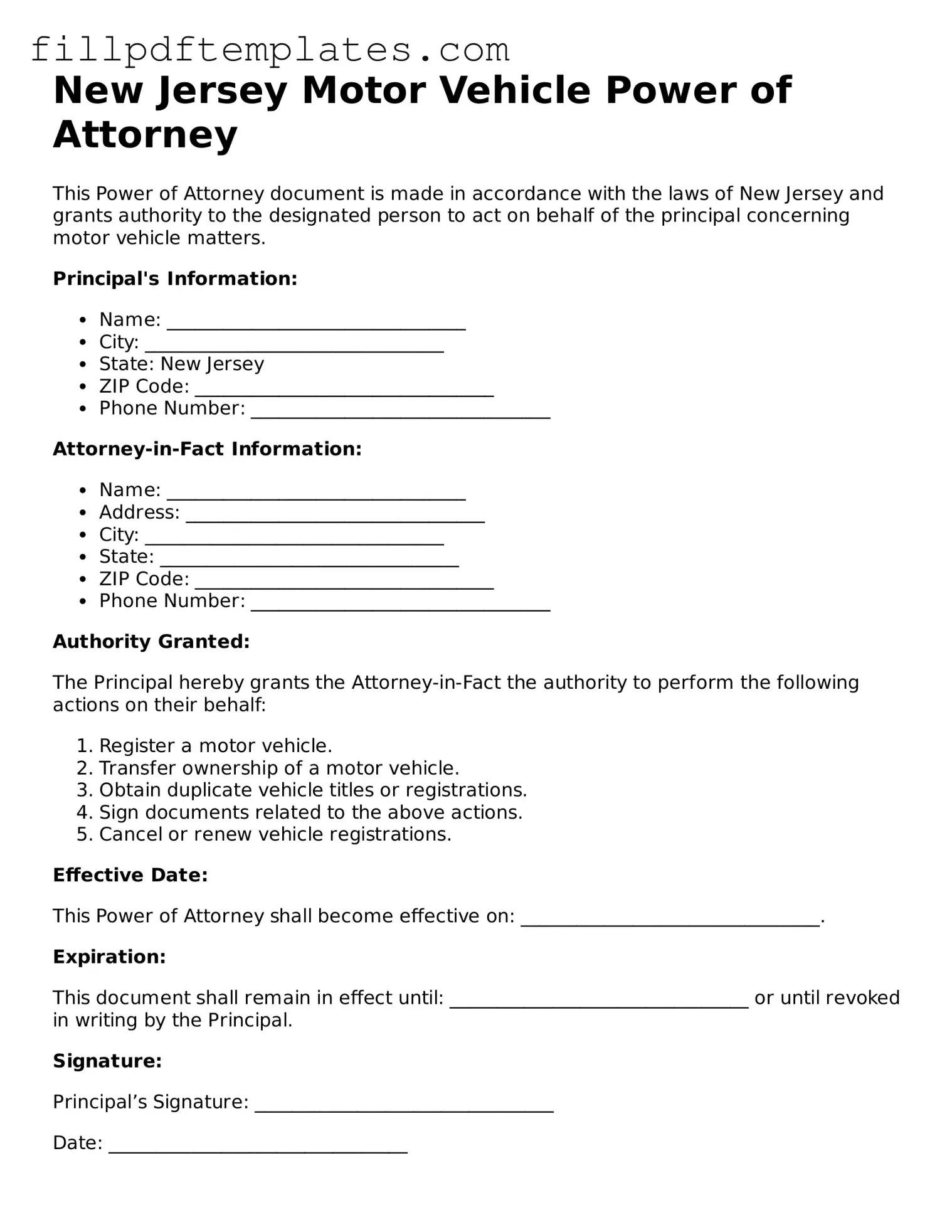 Blank New Jersey Motor Vehicle Power of Attorney Form