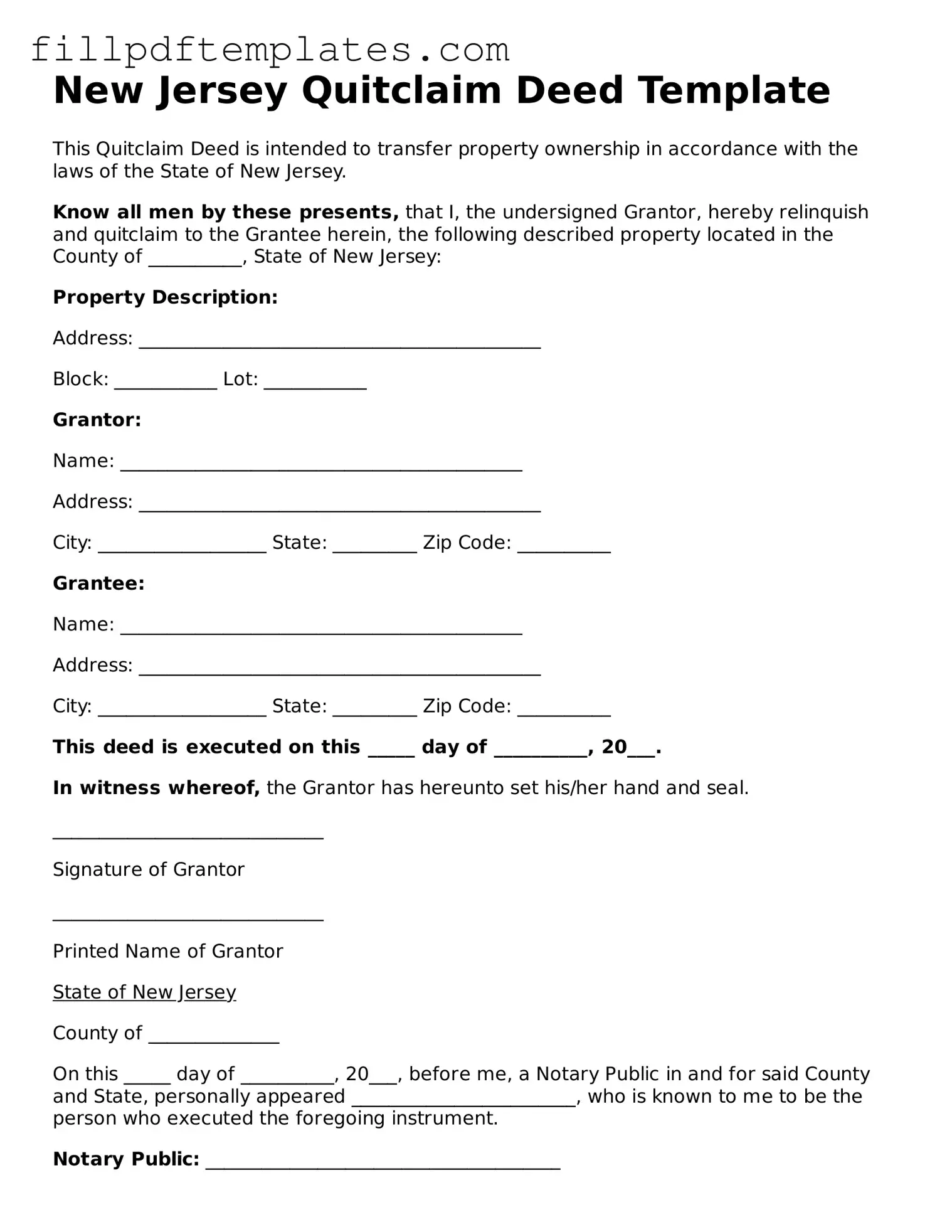 Blank New Jersey Quitclaim Deed Form