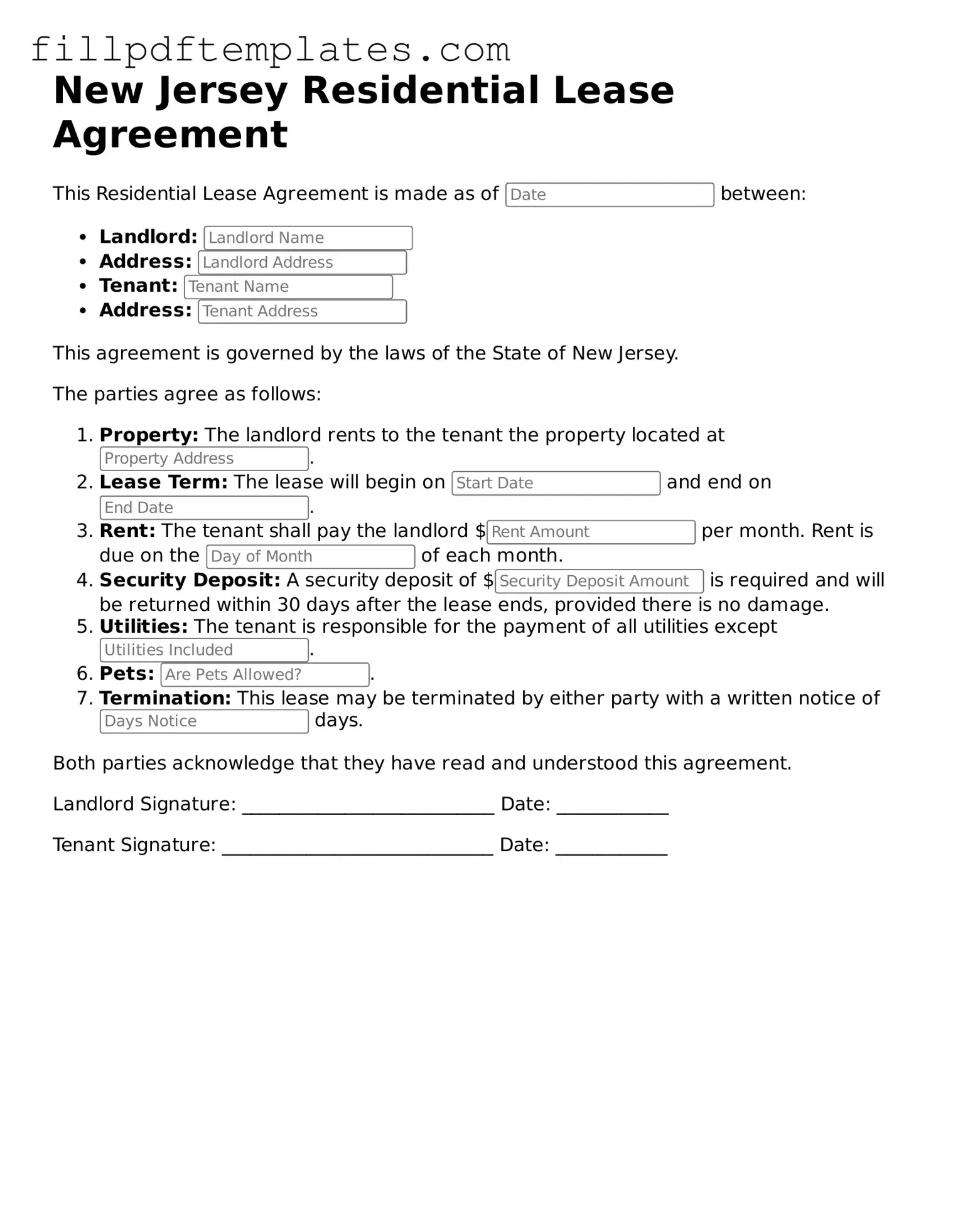 Blank New Jersey Residential Lease Agreement Form