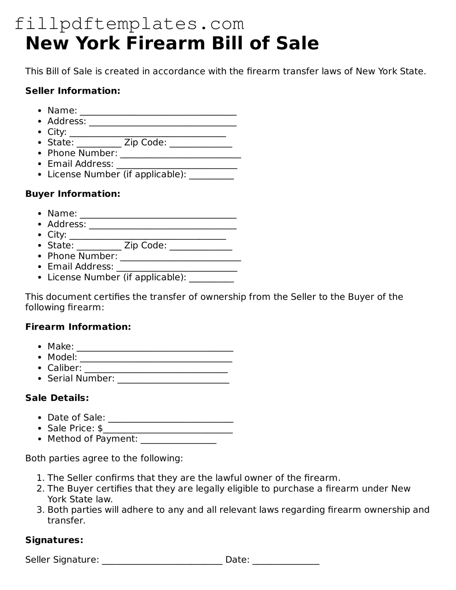Blank New York Firearm Bill of Sale Form