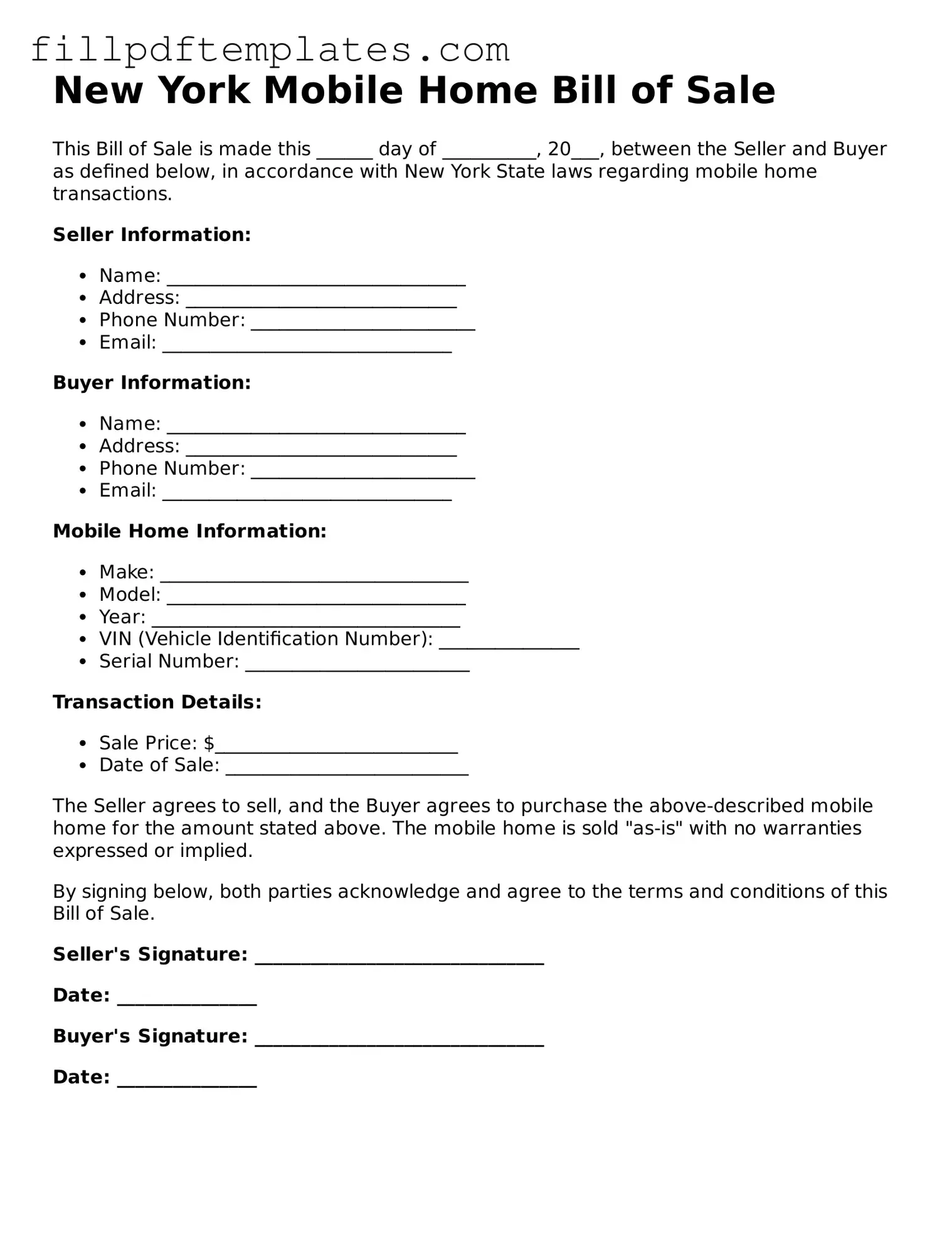 Blank New York Mobile Home Bill of Sale Form
