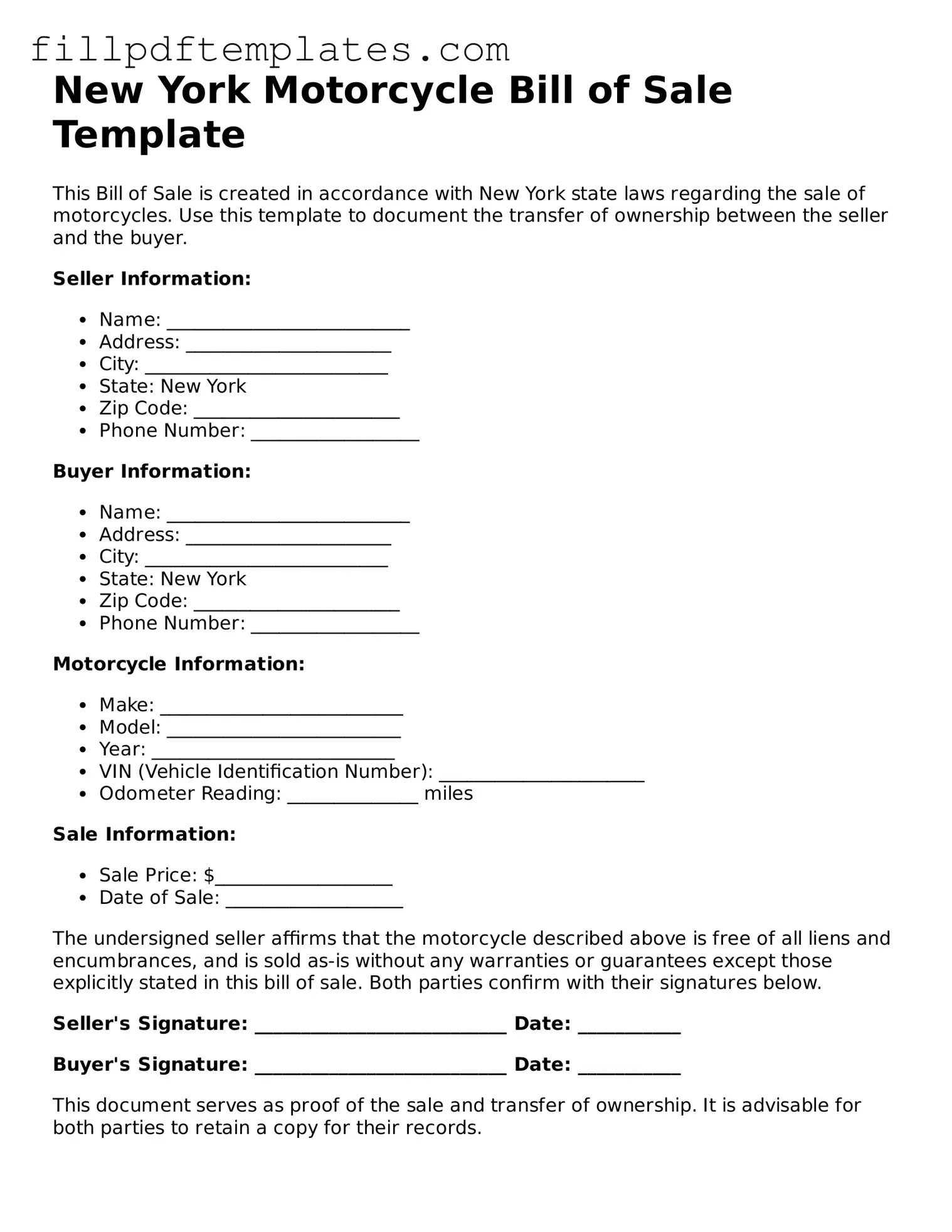 Blank New York Motorcycle Bill of Sale Form