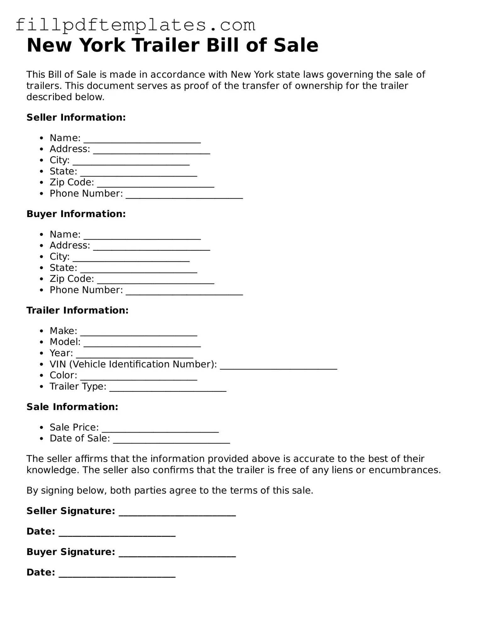 Blank New York Trailer Bill of Sale Form