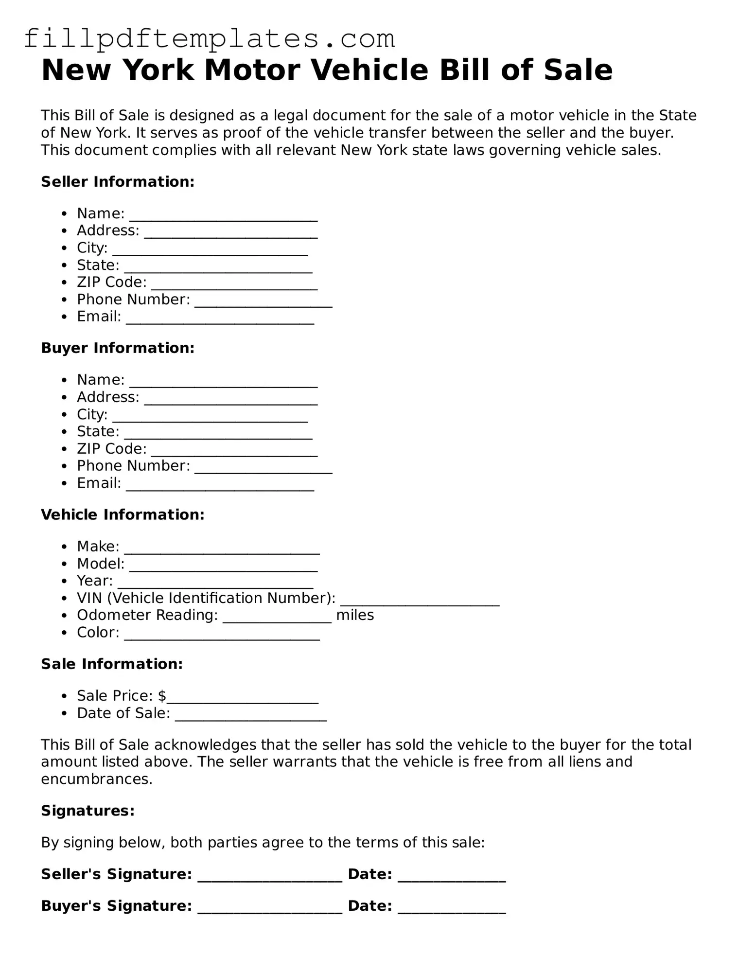 Blank New York Motor Vehicle Bill of Sale Form