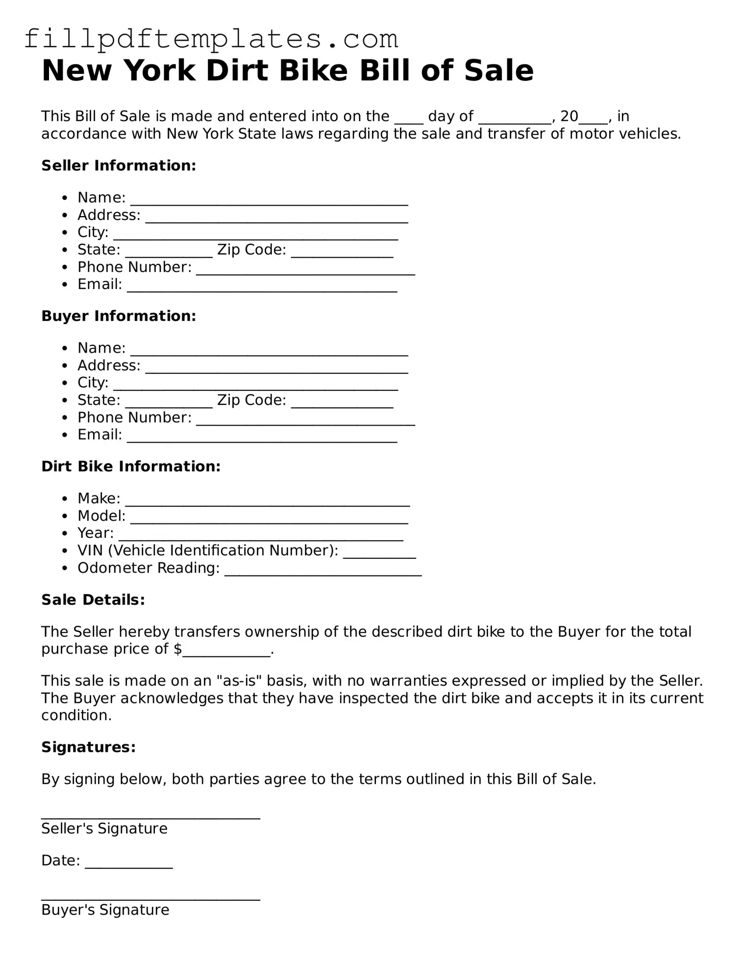 Blank New York Dirt Bike Bill of Sale Form