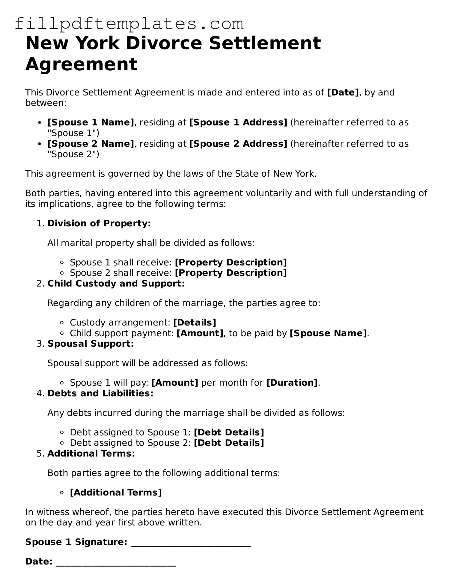 Blank New York Divorce Settlement Agreement Form