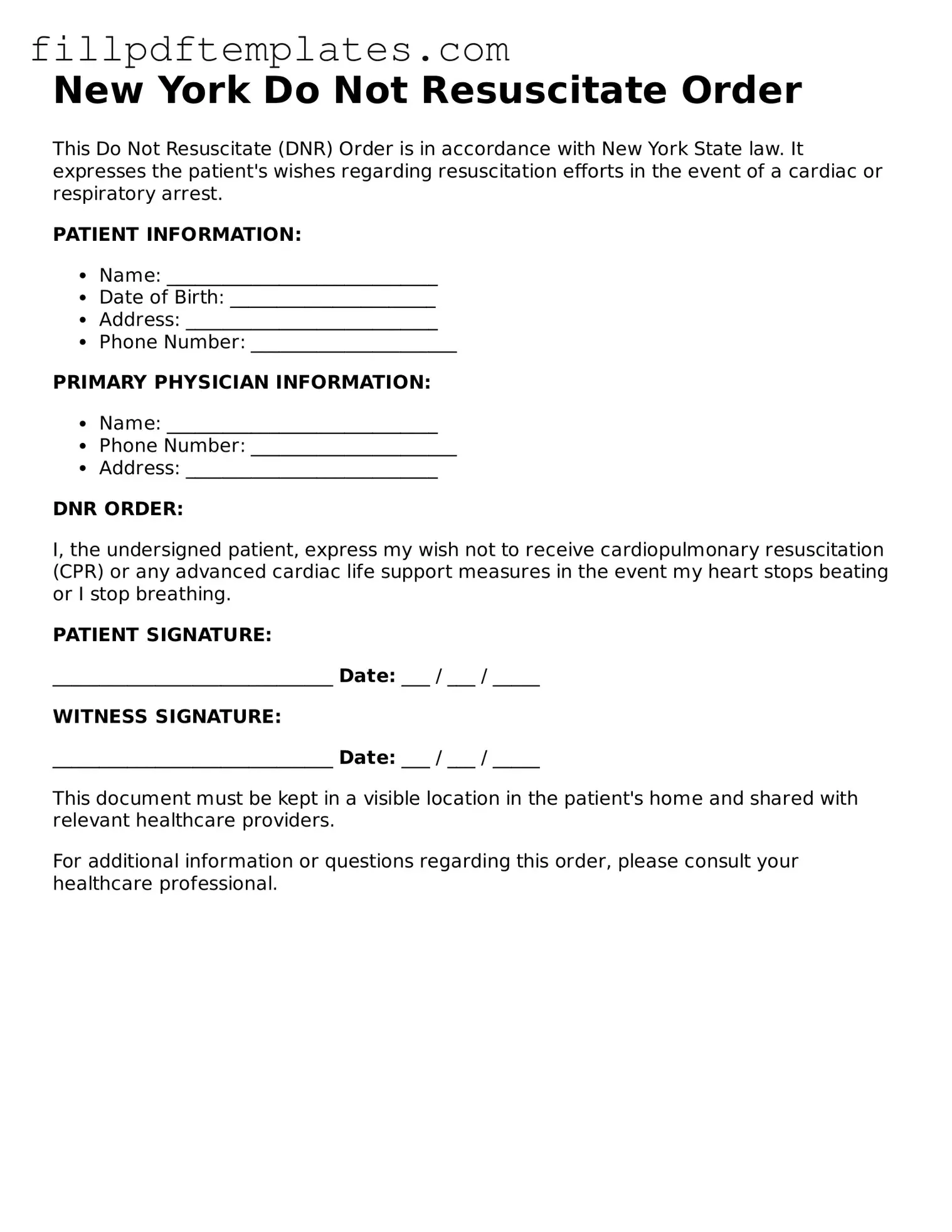 Blank New York Do Not Resuscitate Order Form