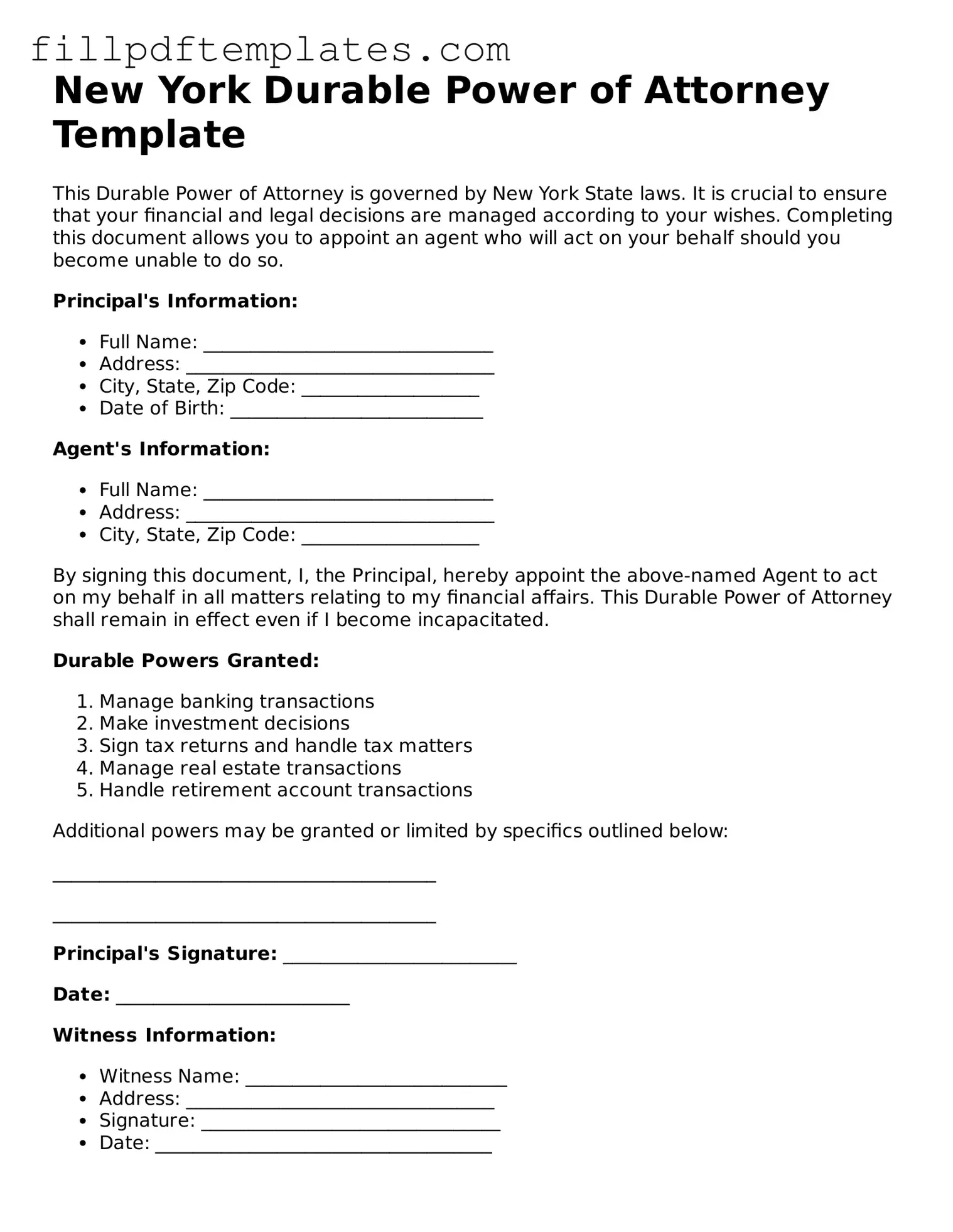 Blank New York Durable Power of Attorney Form