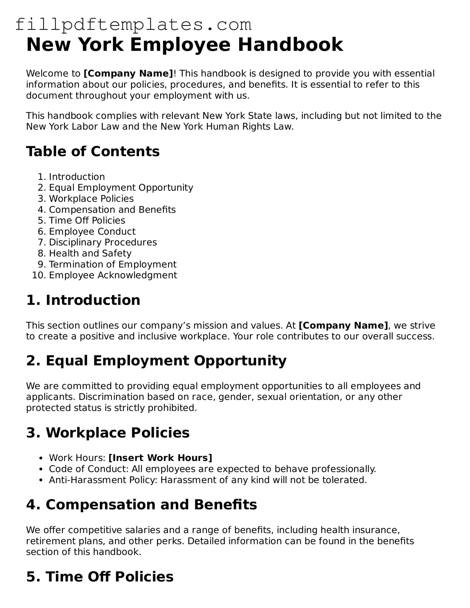 Blank New York Employee Handbook Form