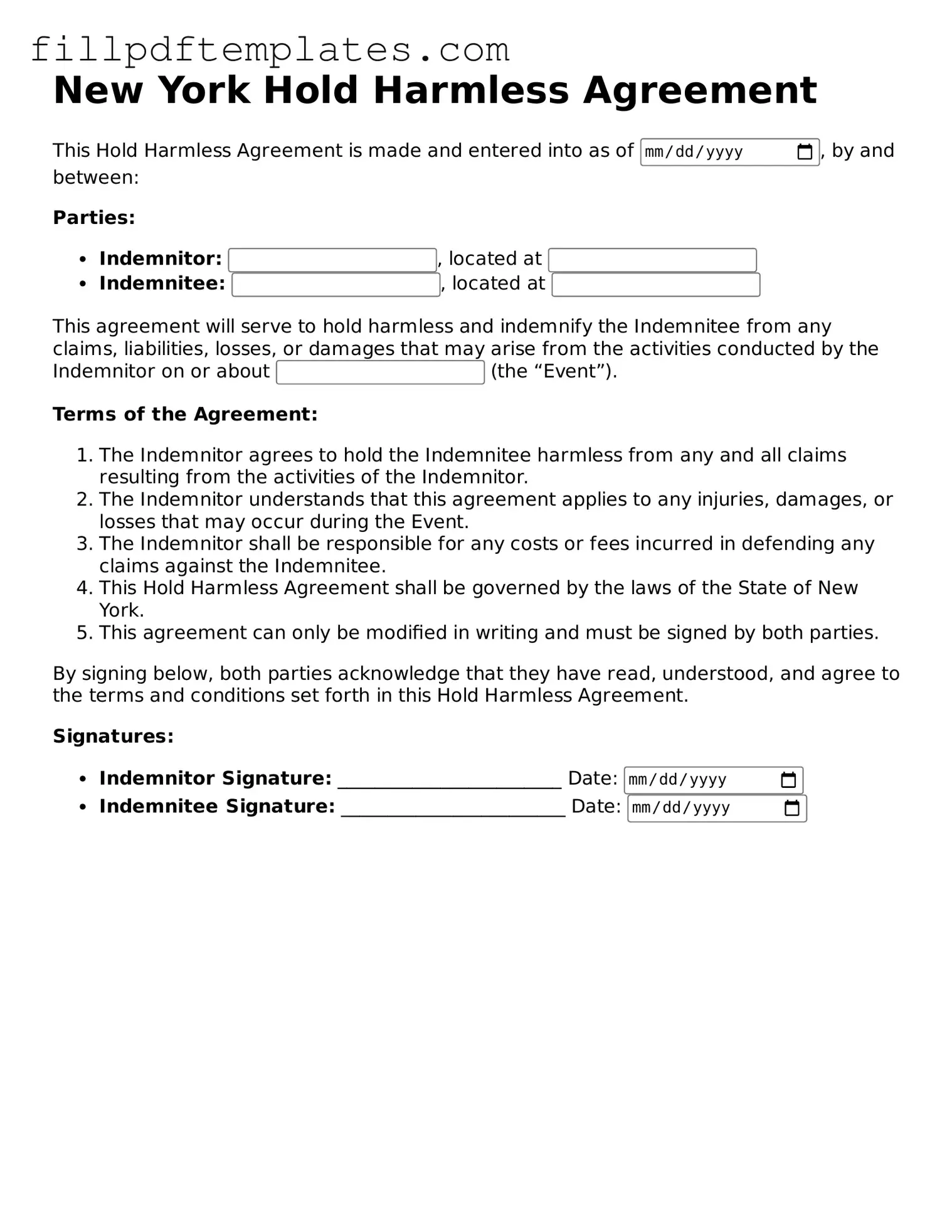 Blank New York Hold Harmless Agreement Form