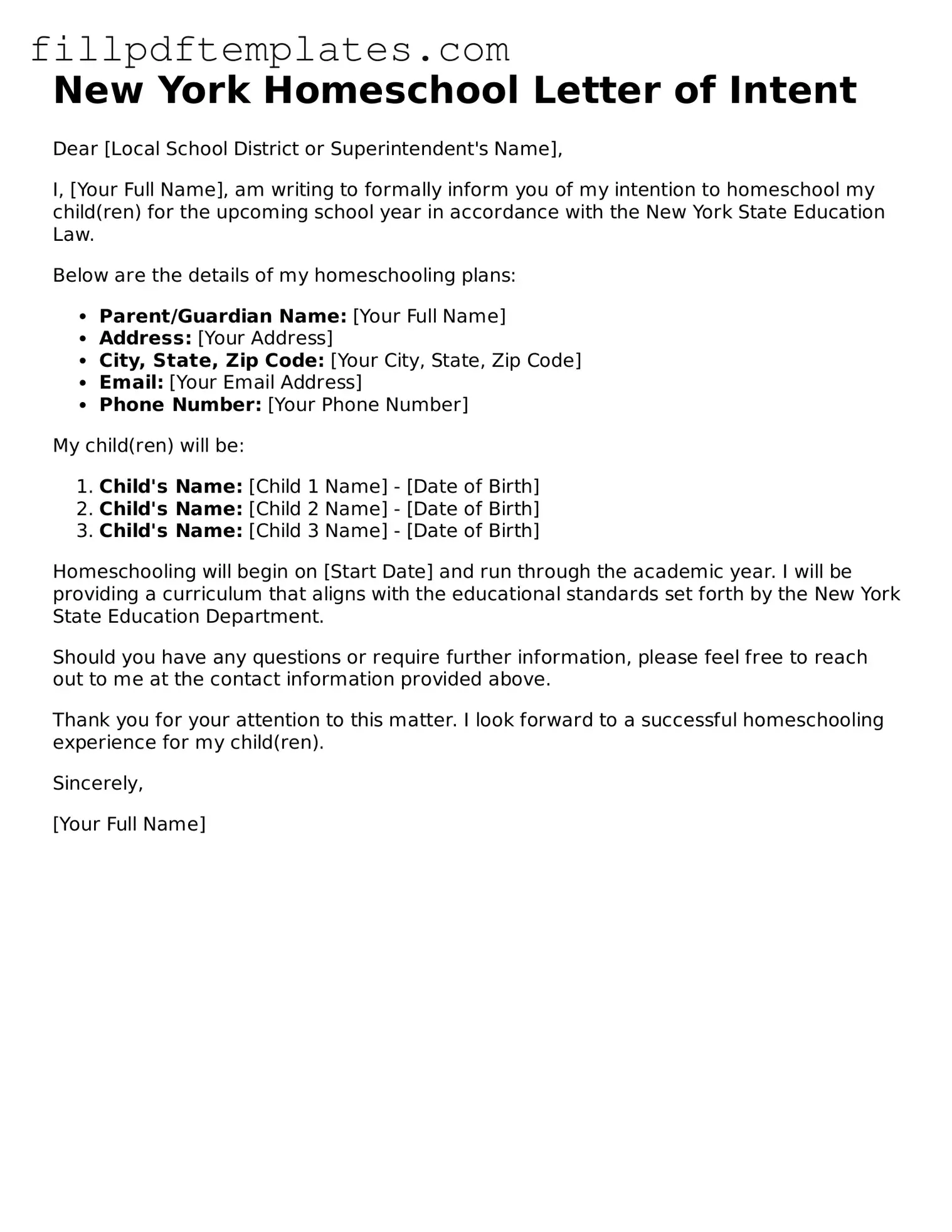 Blank New York Homeschool Letter of Intent Form