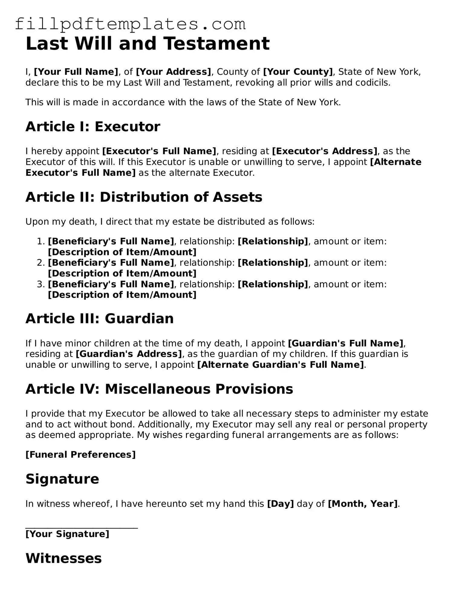 Blank New York Last Will and Testament Form