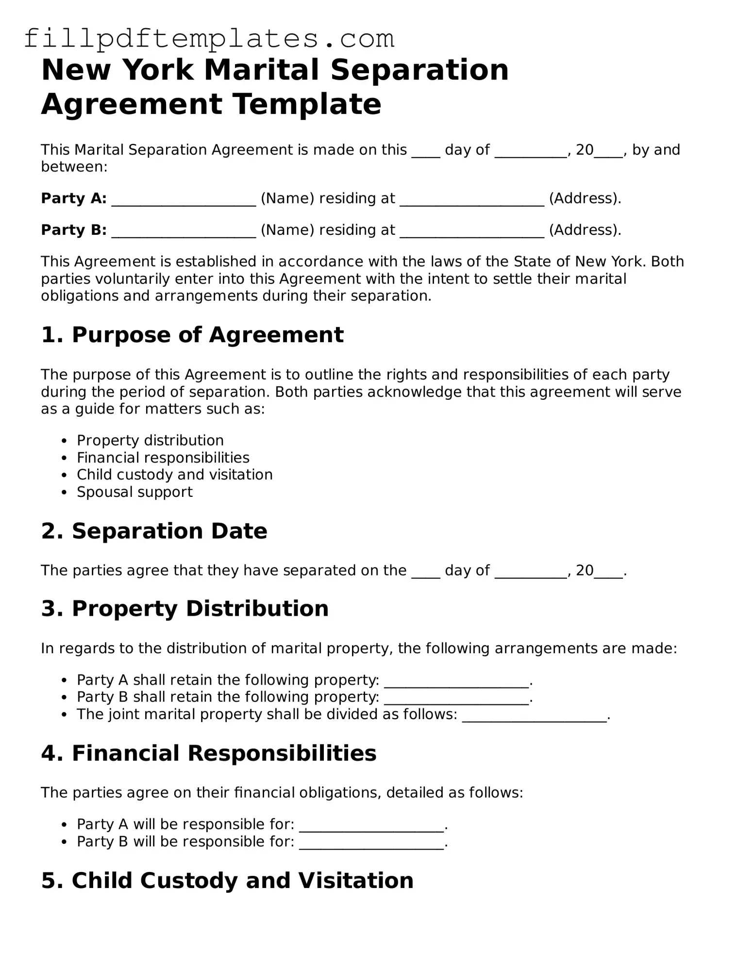 Blank New York Marital Separation Agreement Form
