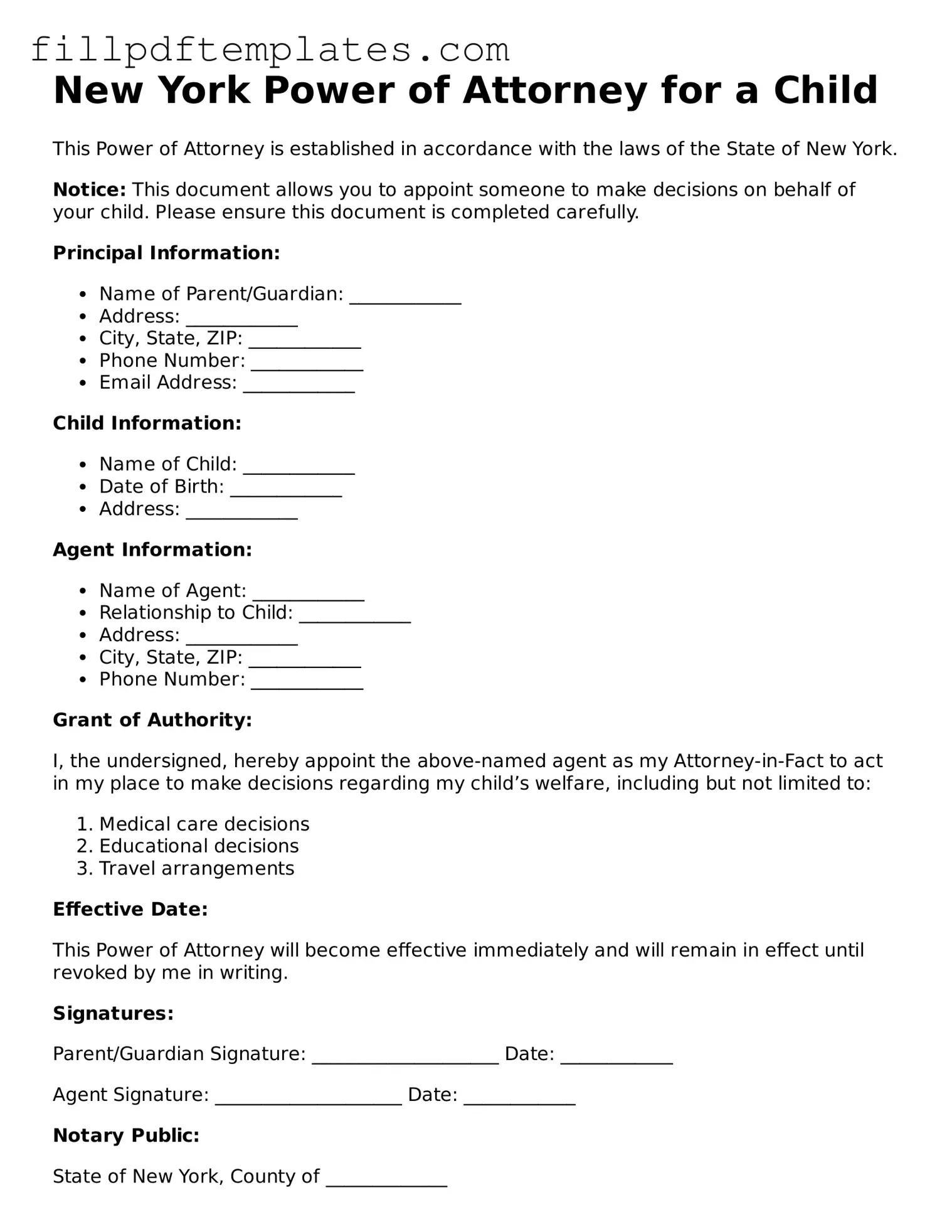 Blank New York Power of Attorney for a Child Form