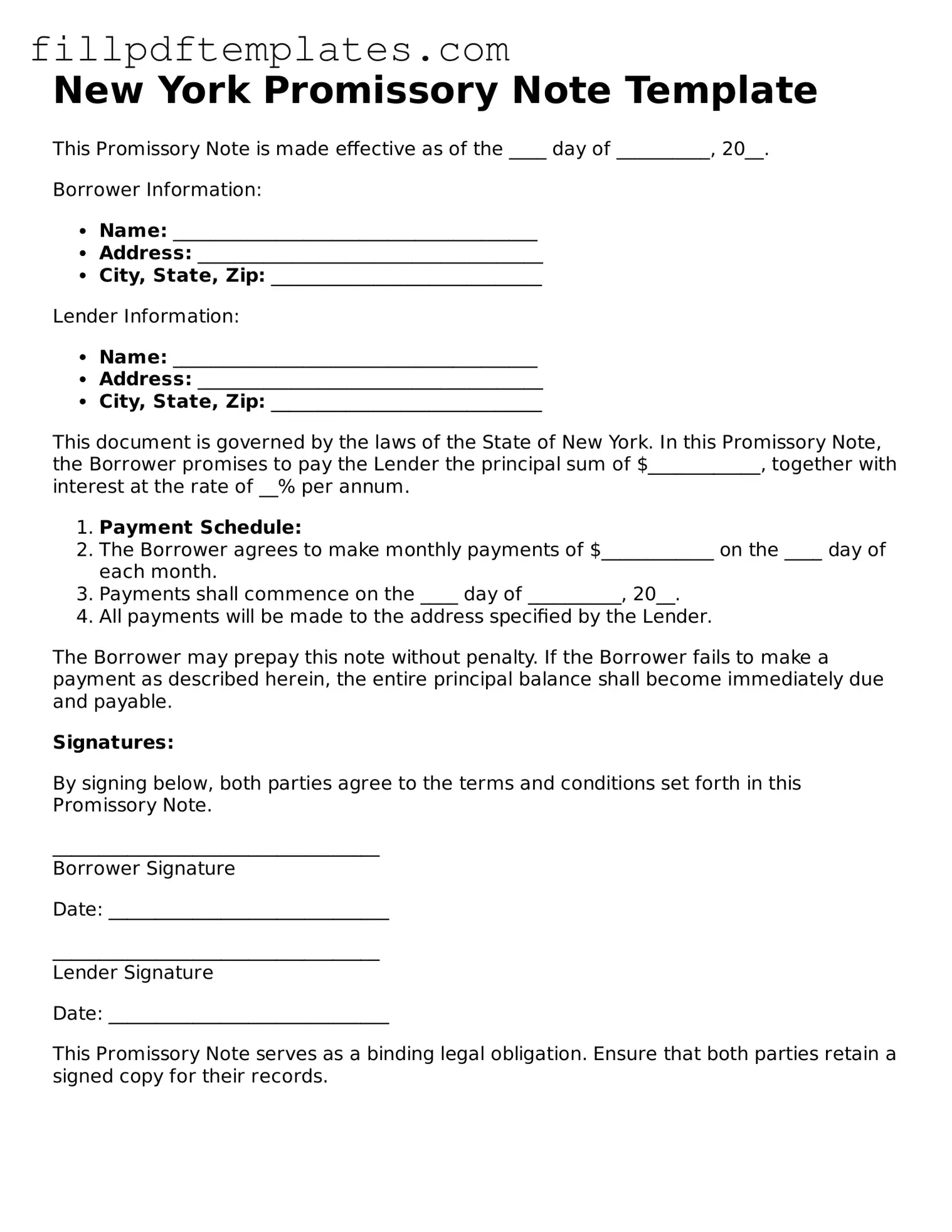 Blank New York Promissory Note Form