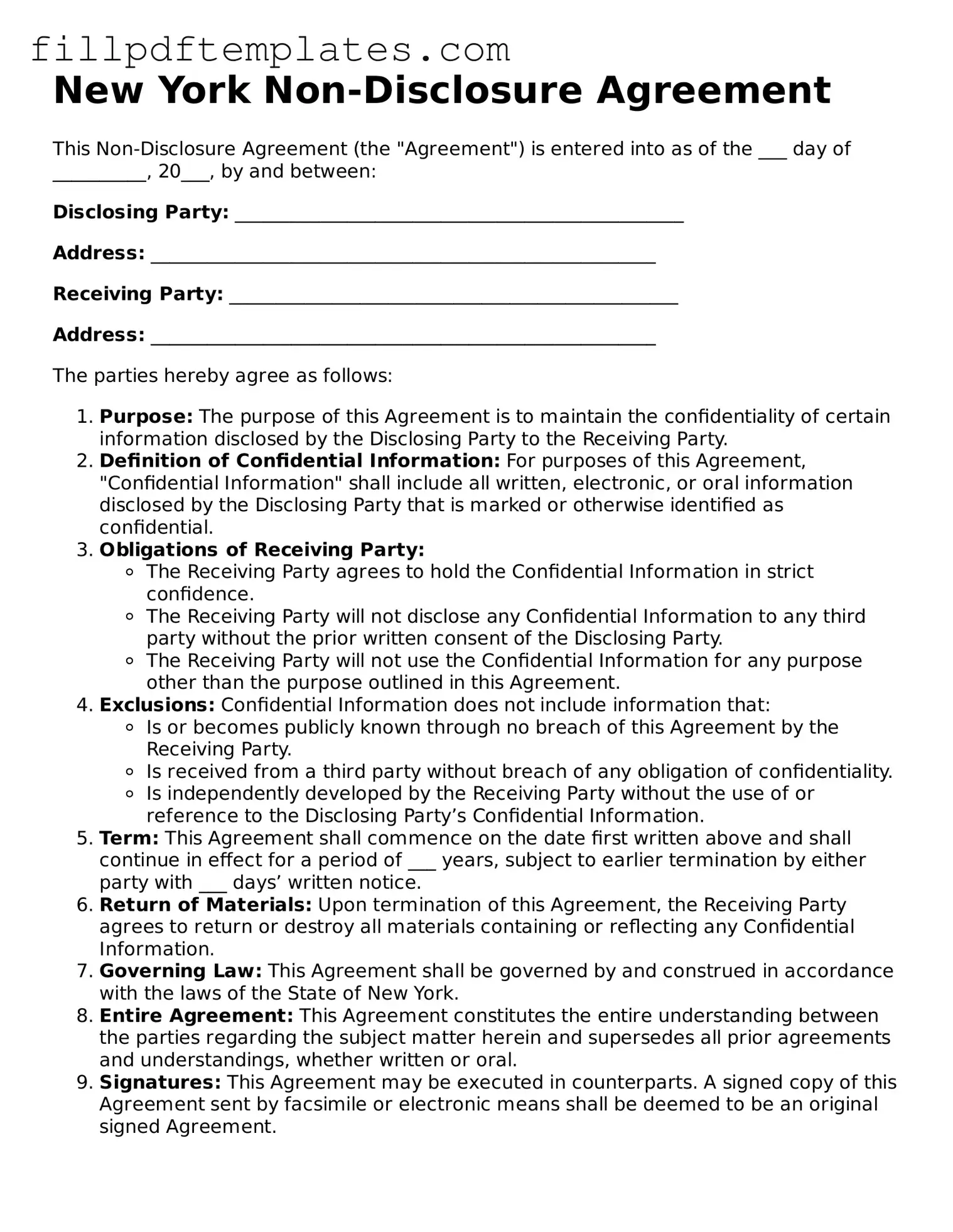 Blank New York Non-disclosure Agreement Form