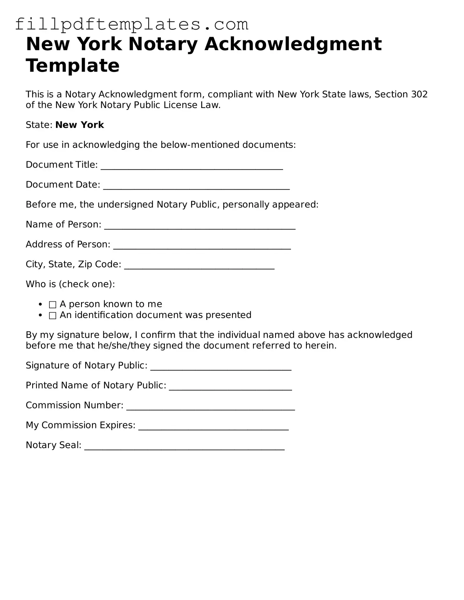 Blank New York Notary Acknowledgement Form
