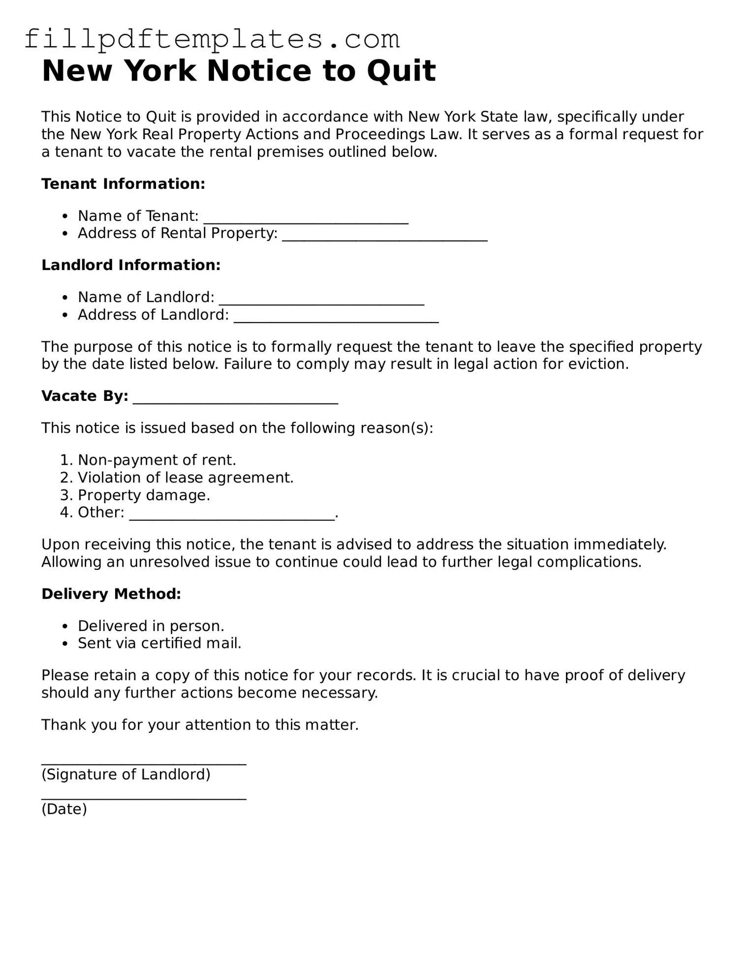 Blank New York Notice to Quit Form