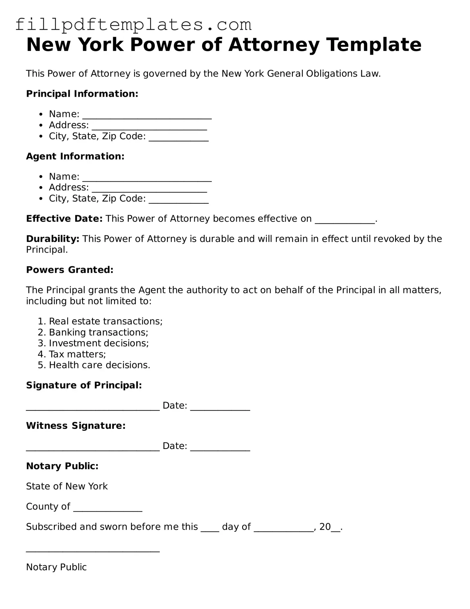 Blank New York Power of Attorney Form